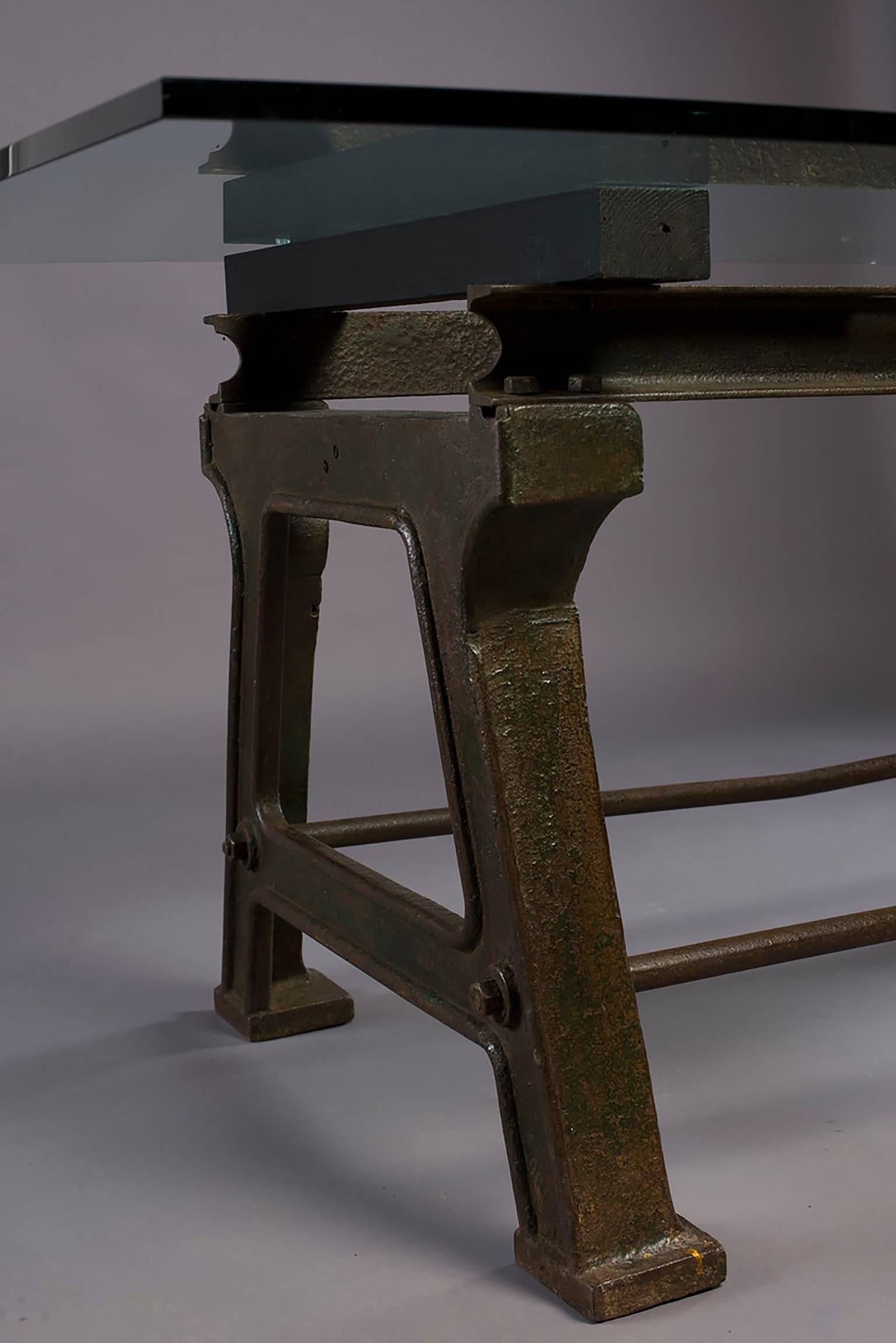 Dining Table with Industrial Iron Base, Original Paint and New Glass Top​ 9
