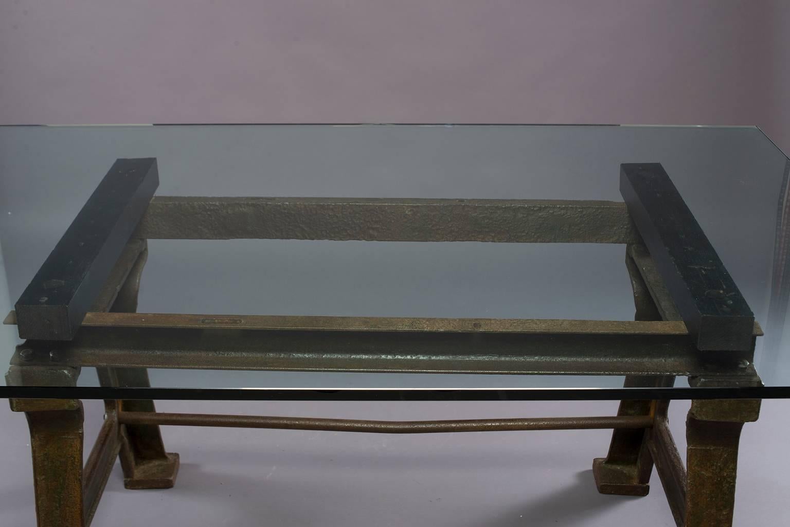 English Dining Table with Industrial Iron Base, Original Paint and New Glass Top​