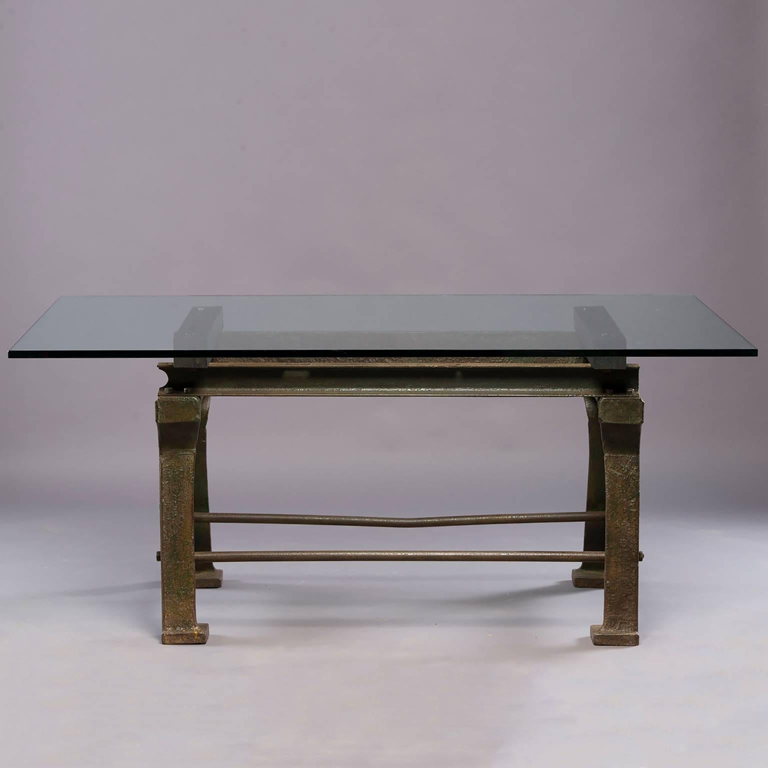 Dining Table with Industrial Iron Base, Original Paint and New Glass Top​ In Good Condition In Troy, MI