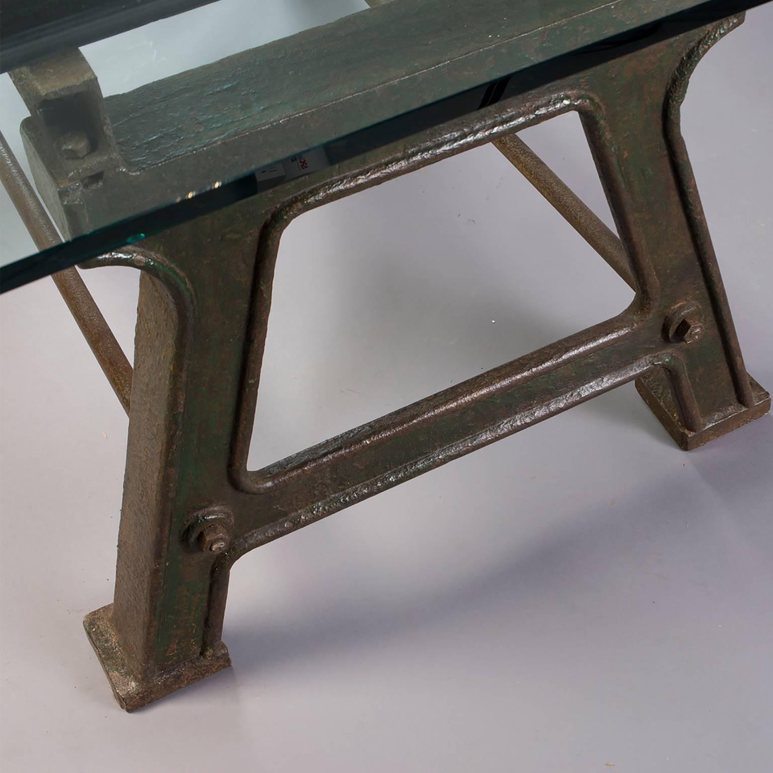 19th Century Dining Table with Industrial Iron Base, Original Paint and New Glass Top​