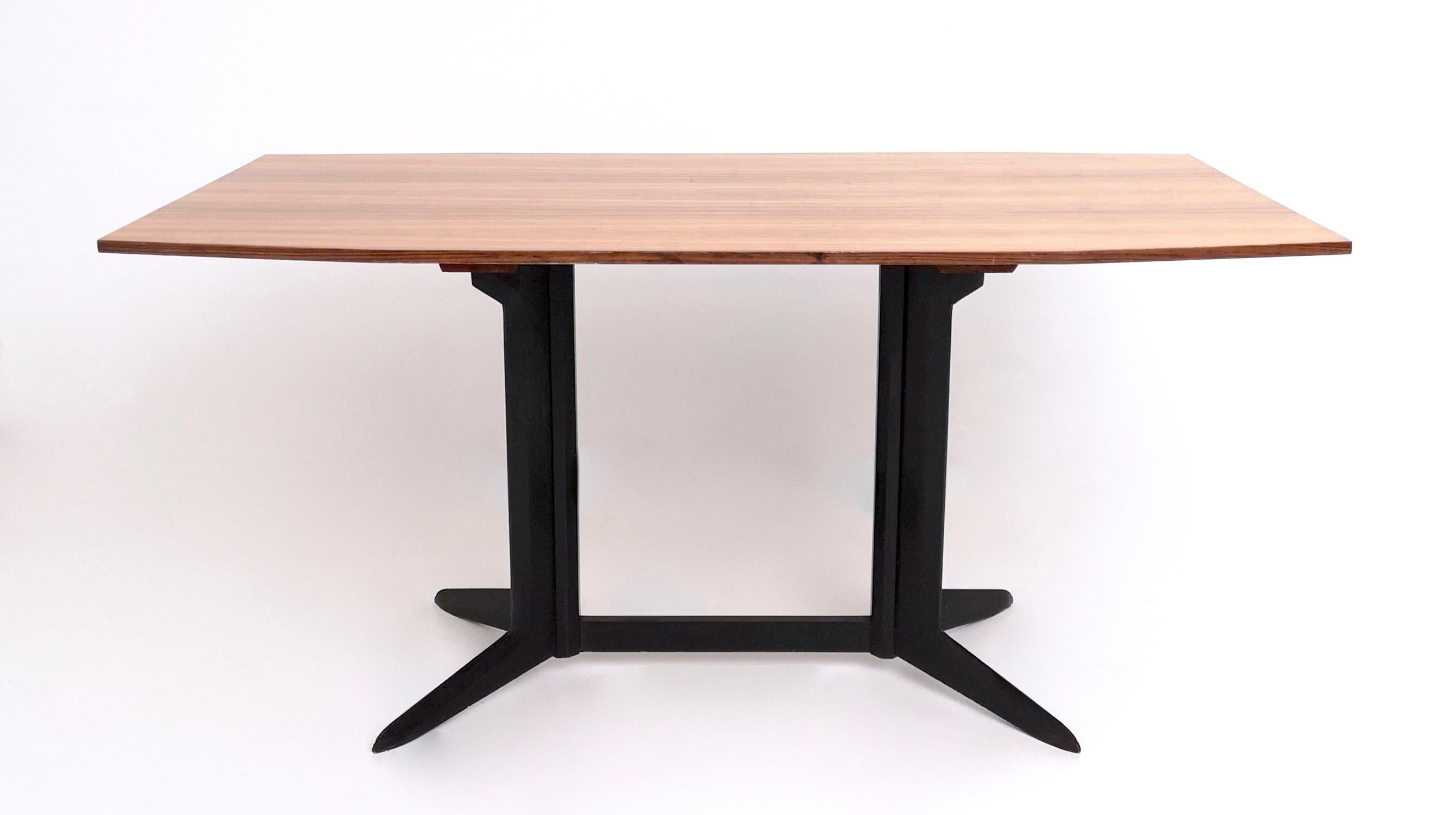 Mid-Century Modern Table de salle à manger vintage avec plateau en bois zébré et cadre en bois ébénisé, Italie en vente