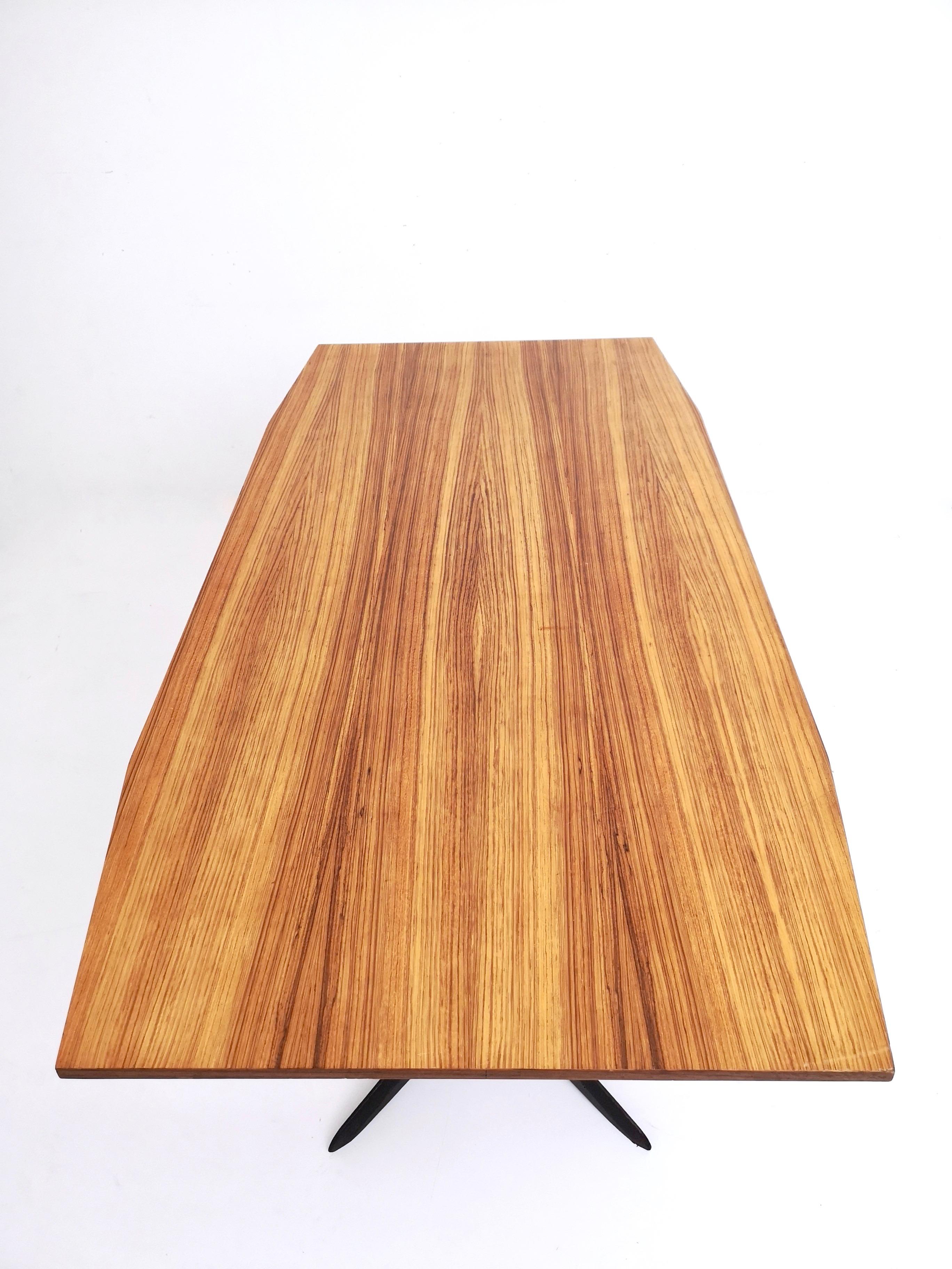 Mid-20th Century Vintage Dining Table with a Zebra Wood Top and an Ebonized Wood Frame, Italy For Sale