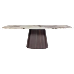 Tavolo da pranzo con piano smussato in vetro artistico temperato da 12 mm/base in eucalipto