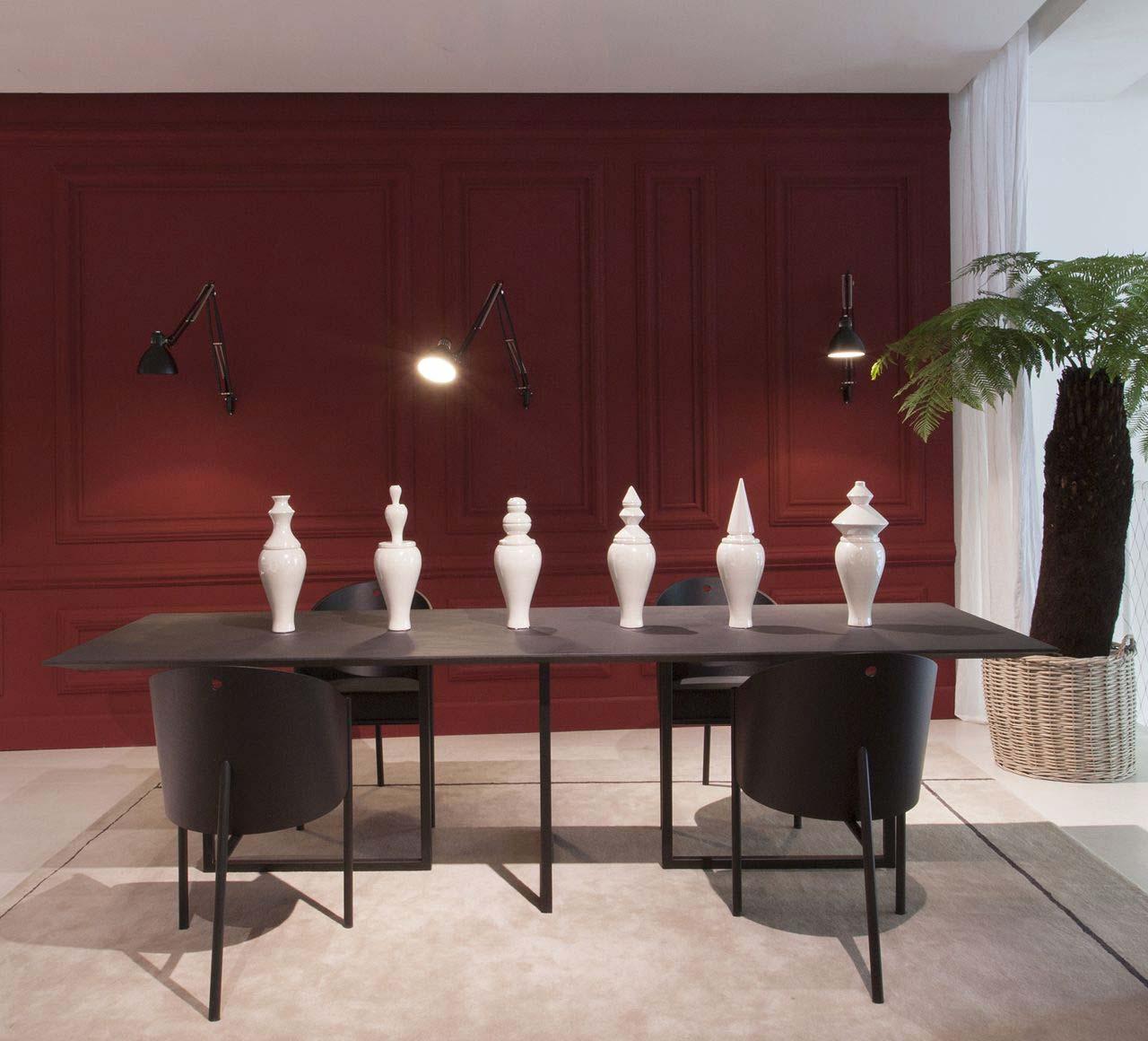 Modern Dining Table with Cement Finished Top and Red Tubular Steel Frame by Driade
