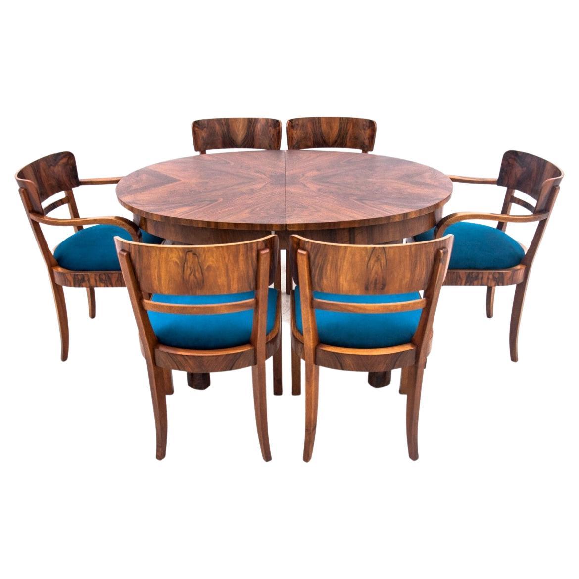 Dining Table with Chairs and Armchairs in Art Deco Style, Poland, 1940s