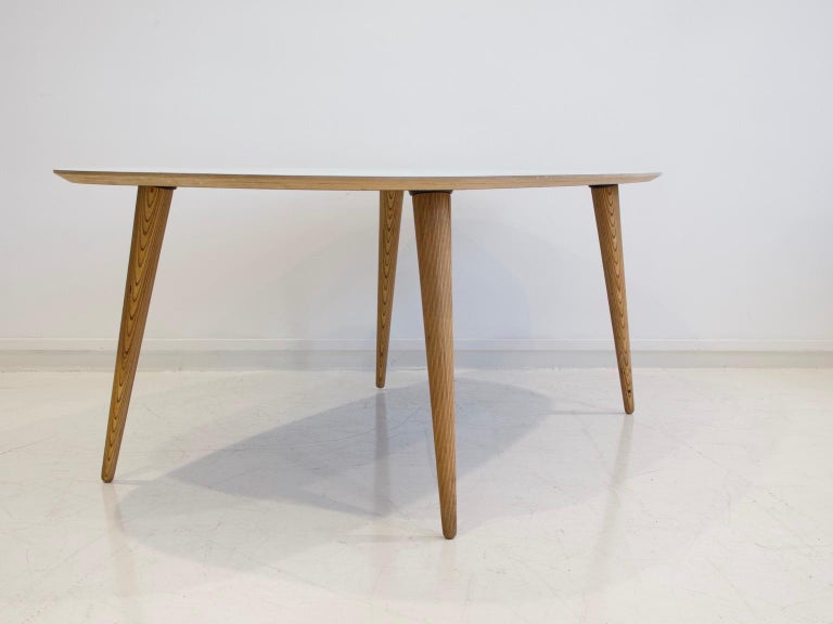 Scandinavian Modern Dining Table with Conical Birch Legs and Light Blue Laminate Top For Sale