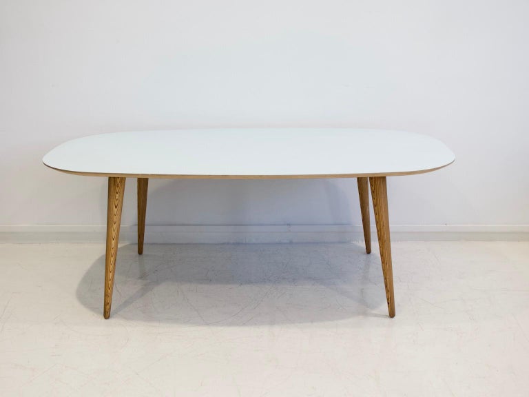 Danish Dining Table with Conical Birch Legs and Light Blue Laminate Top For Sale