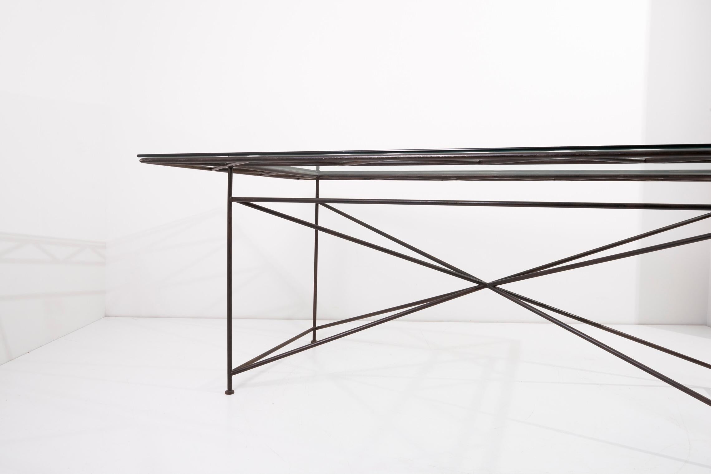 Italian Dining Table with Glass Top by Giovanni Ferrabini, 1970s For Sale