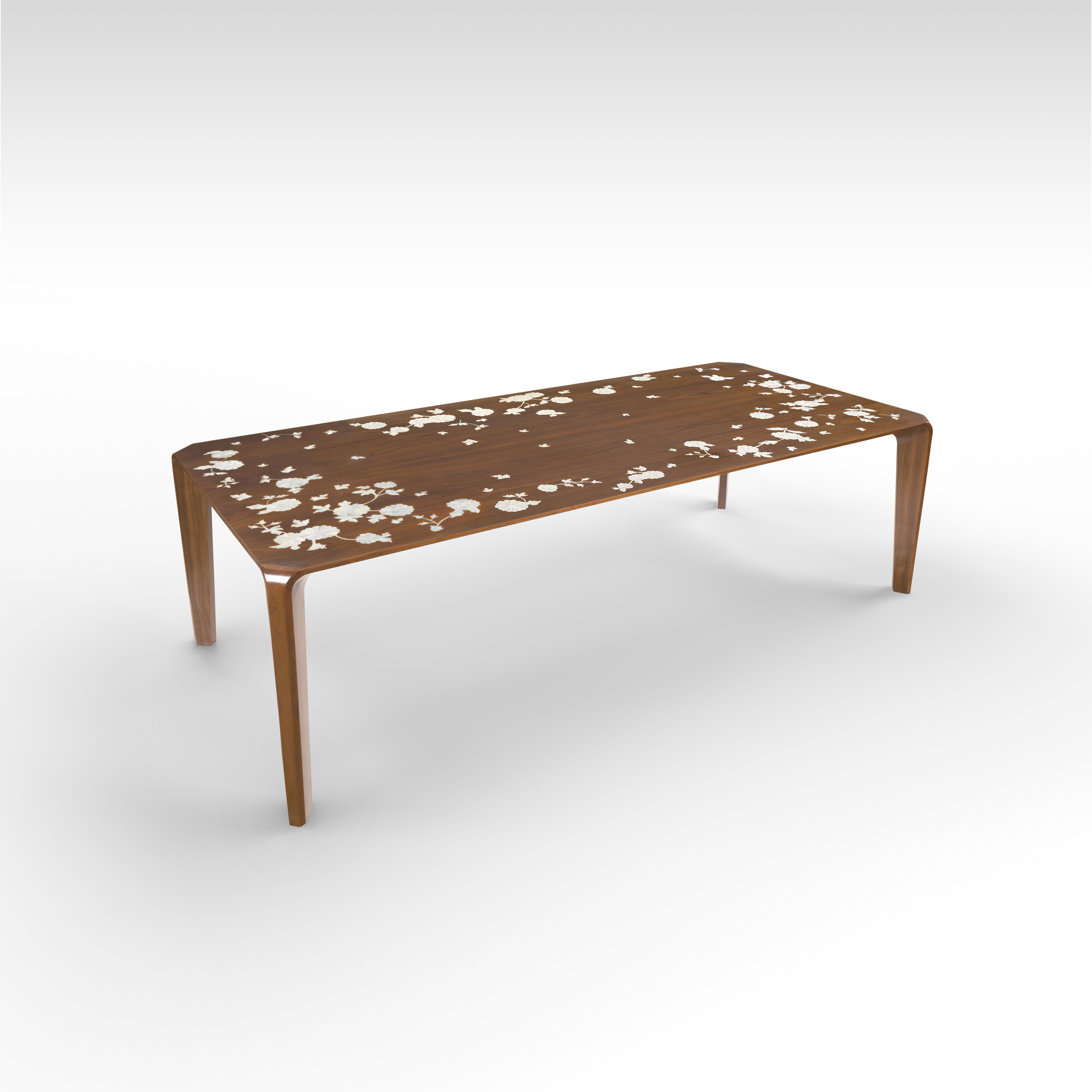 Modern Dining Table with Hand-Laid Floral Mother-of-Pearl & Massive Curved Walnut Legs For Sale