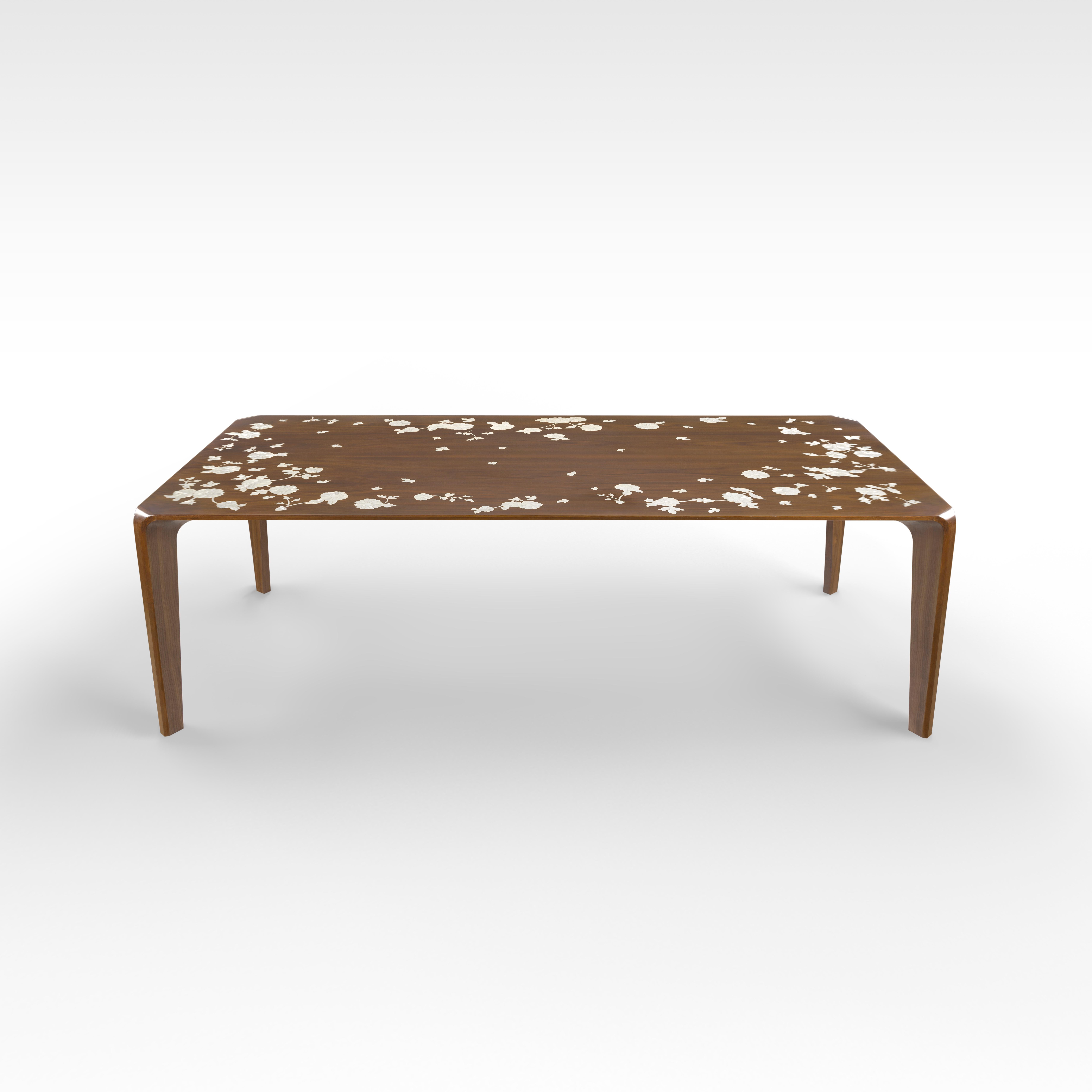 Egyptian Dining Table with Hand-Laid Floral Mother-of-Pearl & Massive Curved Walnut Legs For Sale