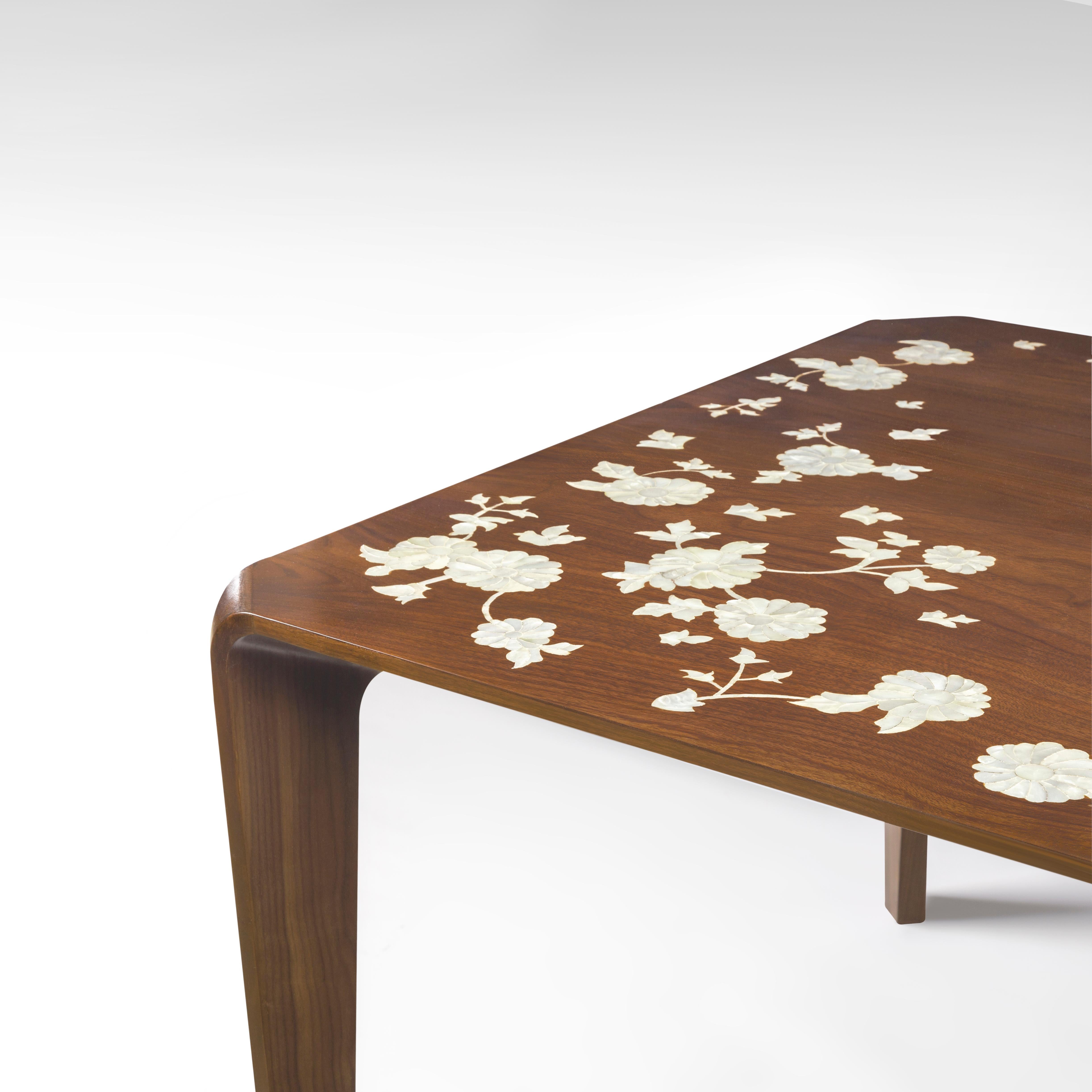 Hand-Crafted Dining Table with Hand-Laid Floral Mother-of-Pearl & Massive Curved Walnut Legs For Sale