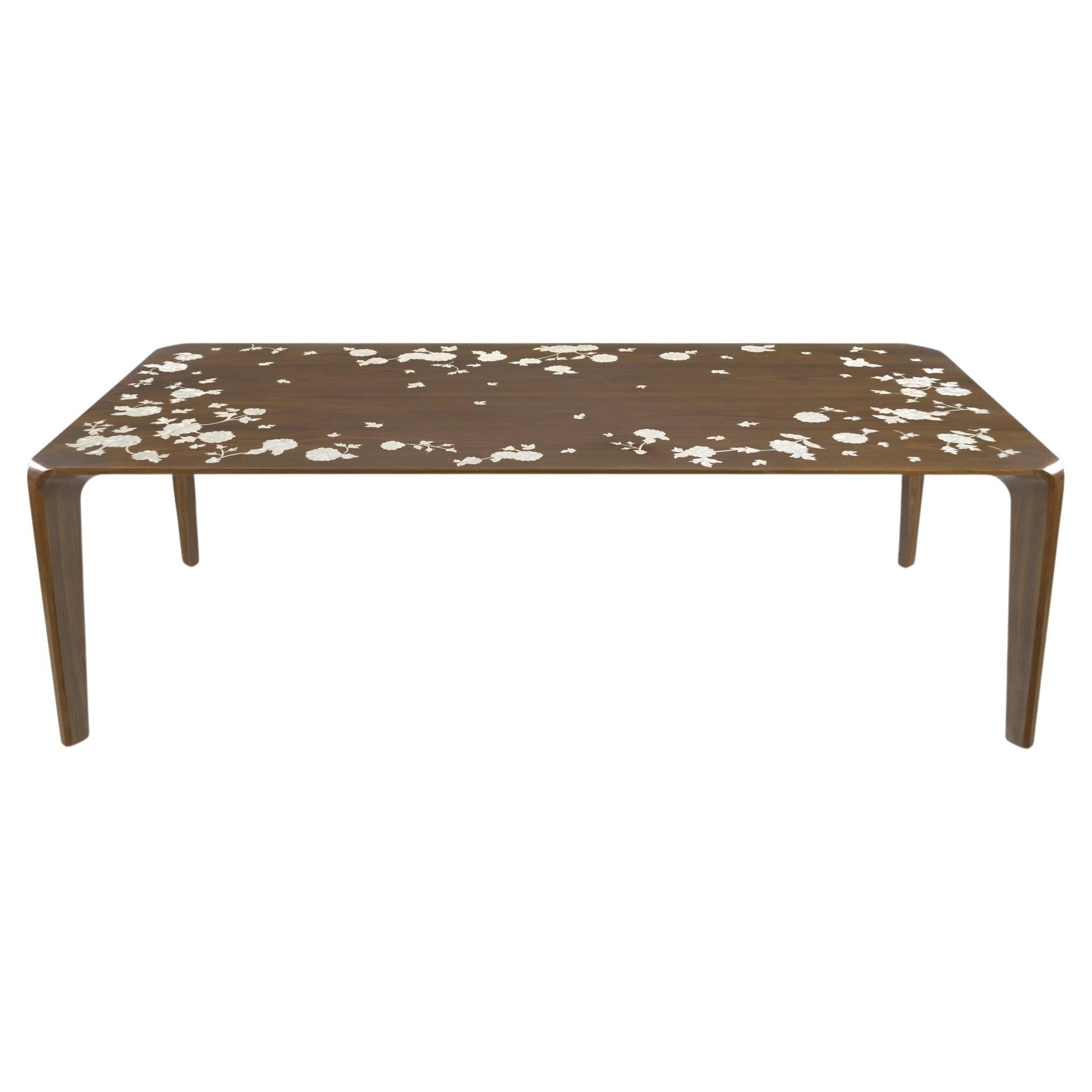 Dining Table with Hand-Laid Floral Mother-of-Pearl & Massive Curved Walnut Legs