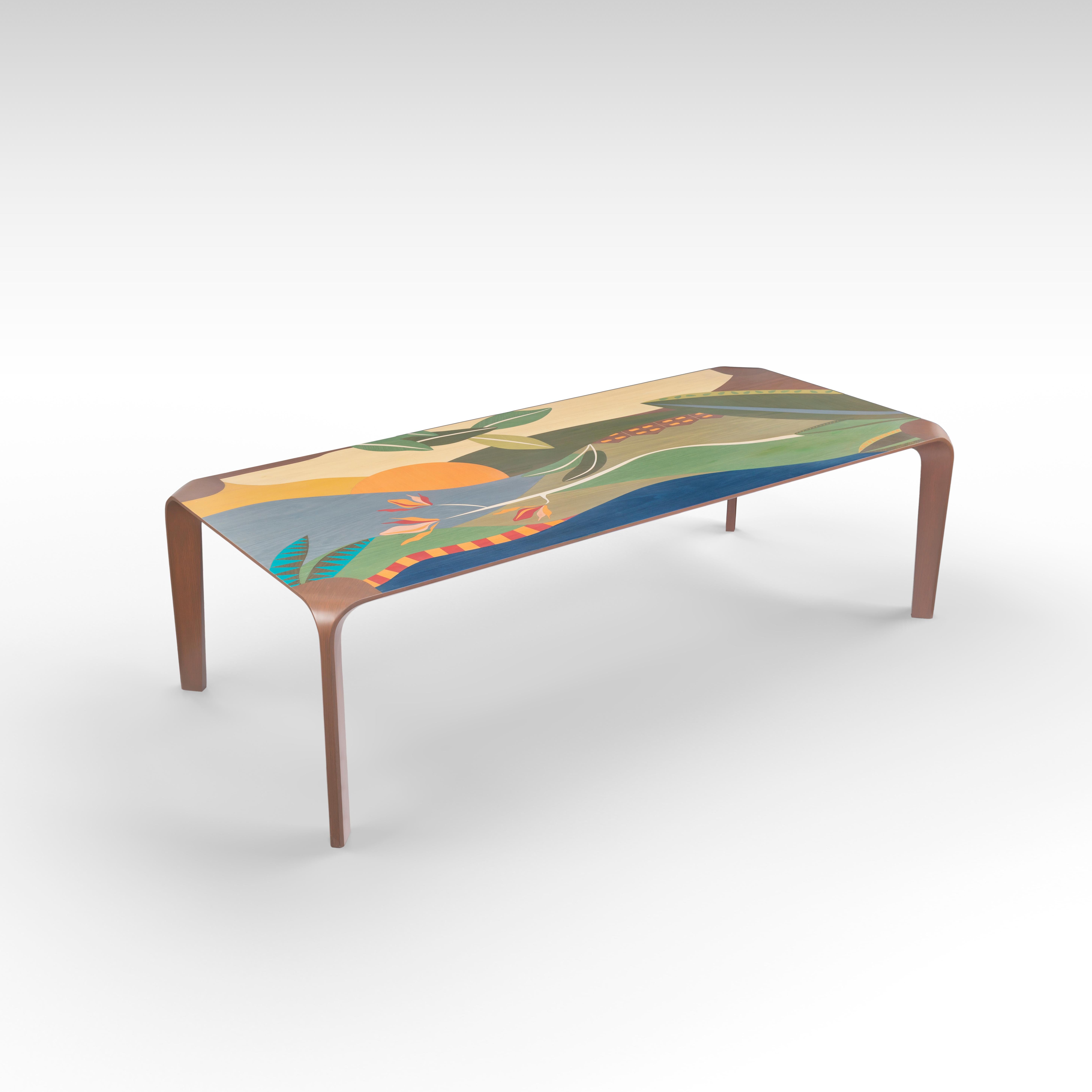 This wondrous table brings rolling dunes and beautiful sunsets right into your dining room to share with your loved ones. Delicate lines and masterfully chosen veneer colors make this piece a natural beauty. Despite the time and effort spent in