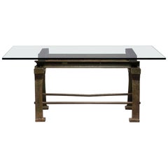 Dining Table with Industrial Iron Base, Original Paint and New Glass Top