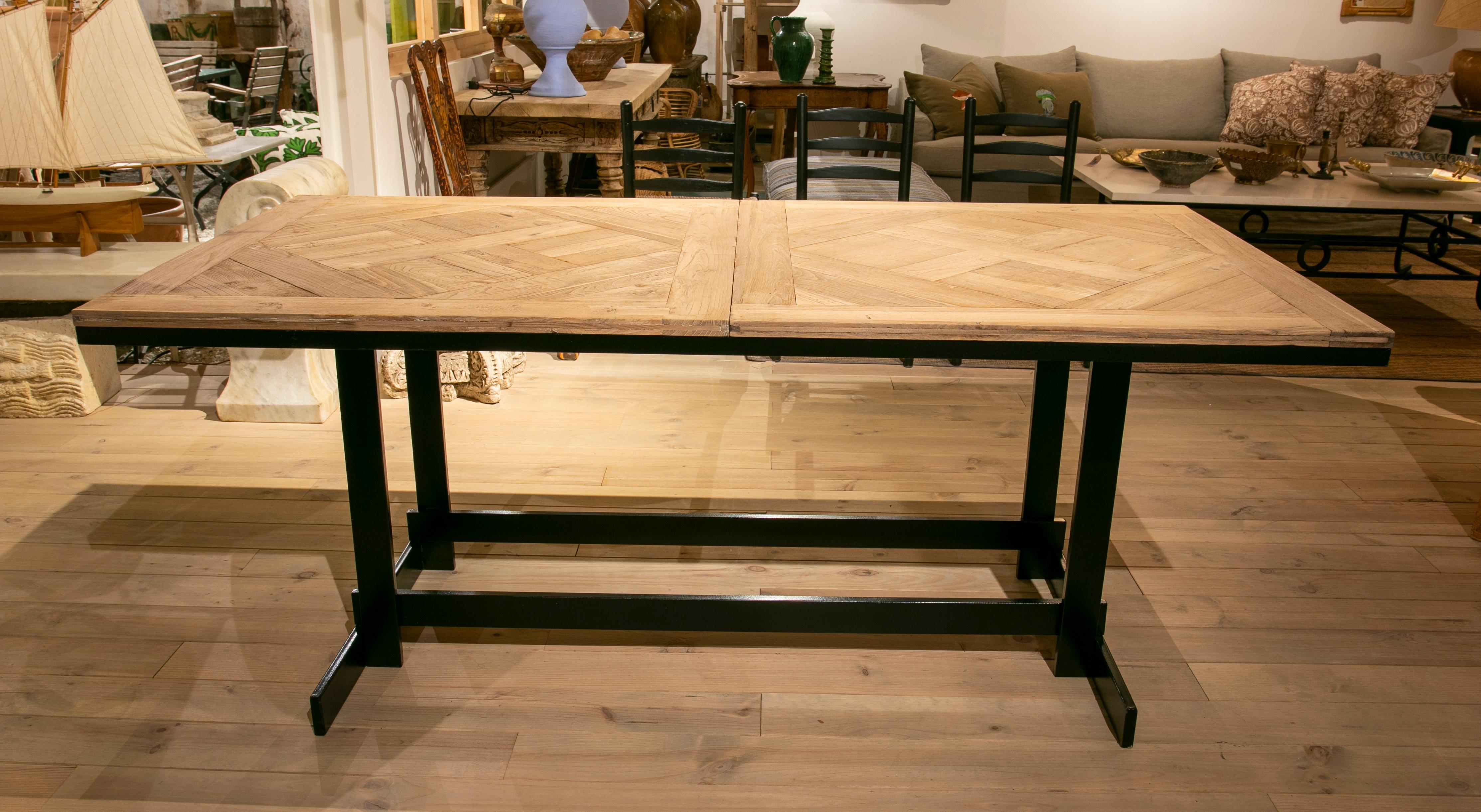 Spanish Dining Table with Iron Base and Elm Floor Table Top For Sale