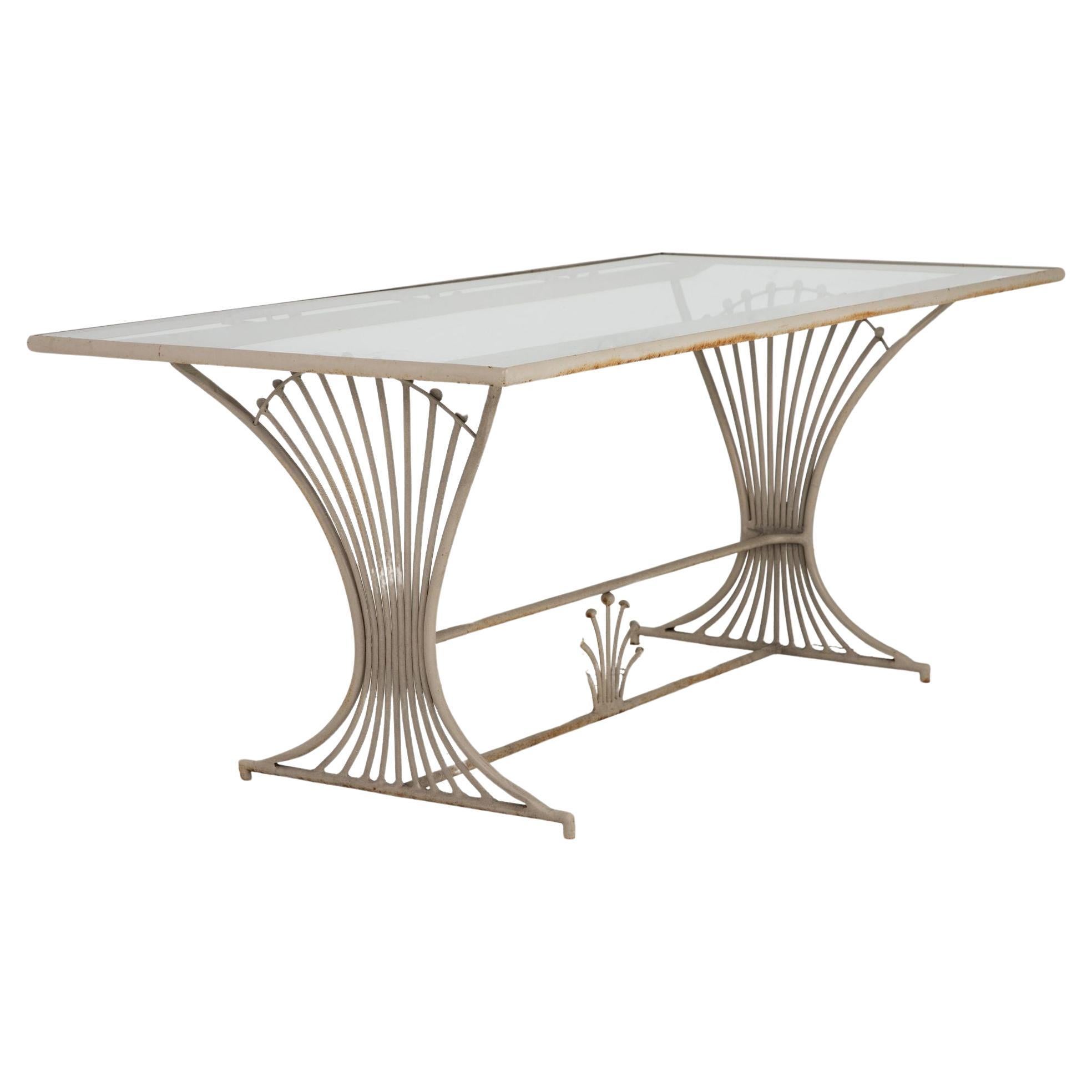 Dining Table with Peacock or Wheat Sheaf Motif, Gray Painted Aluminum