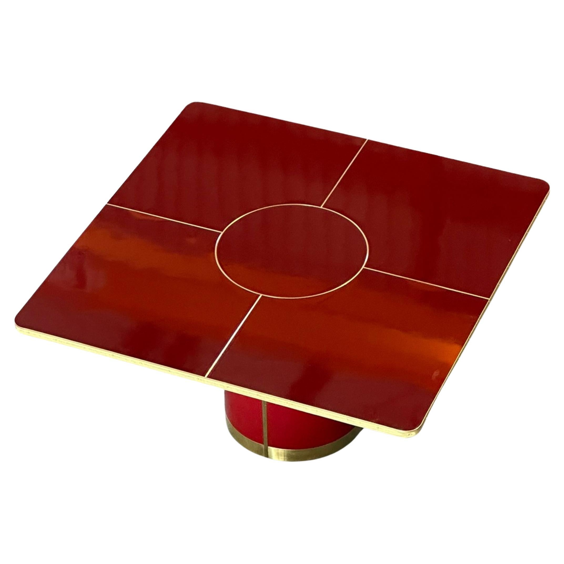 Dining Table with Pedestal, High Gloss Laminate with Brass Marquetry - Size L For Sale