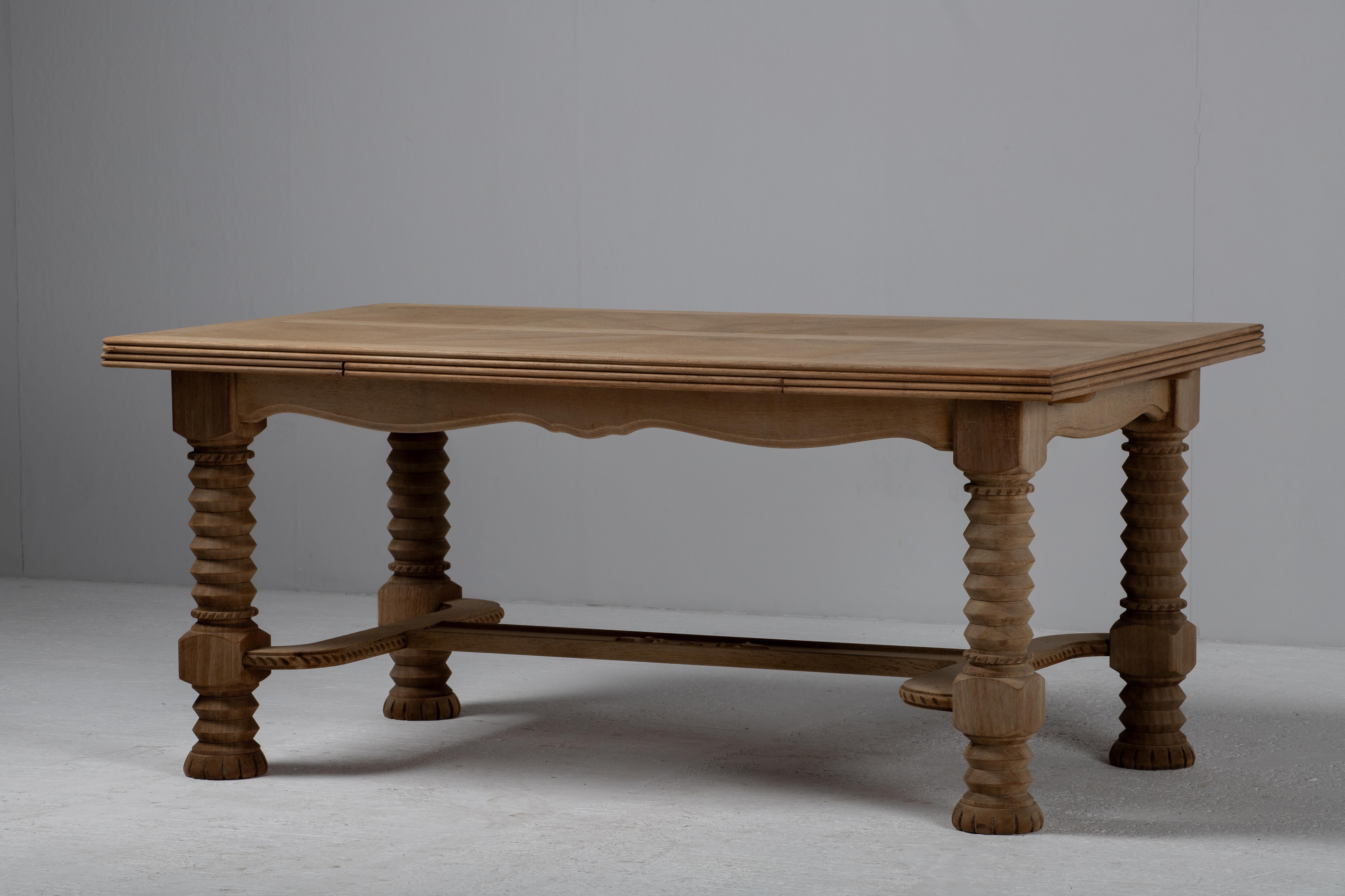 Brutalist Dining Table with “Presse à Vin” Legs, Bleached Oak, France, 1940s For Sale
