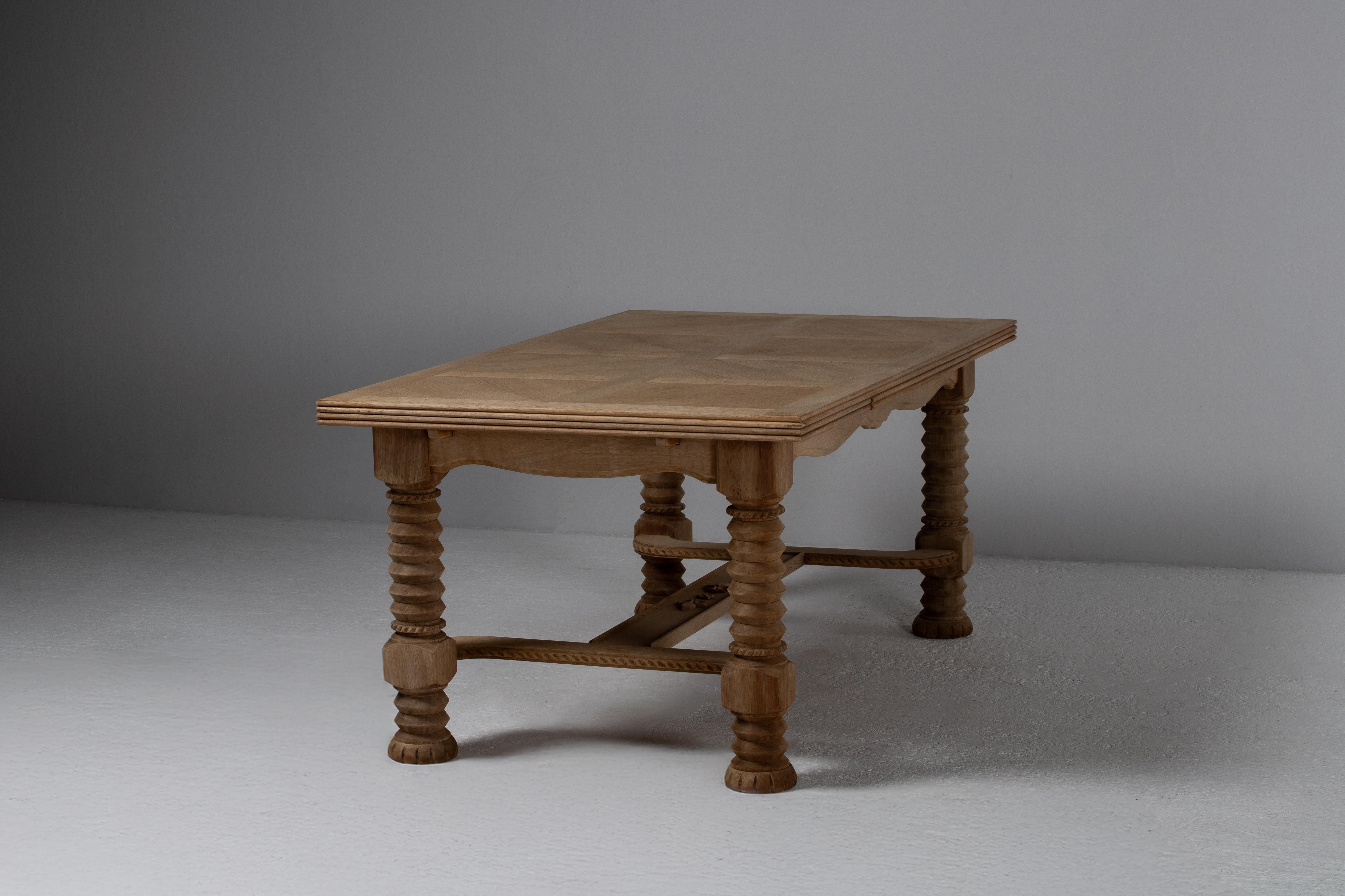 Mid-20th Century Dining Table with “Presse à Vin” Legs, Bleached Oak, France, 1940s For Sale