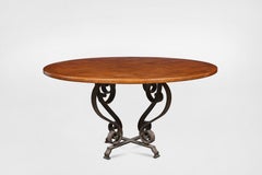 Dining Table with Round Mahogany Top and Wrought Iron Base