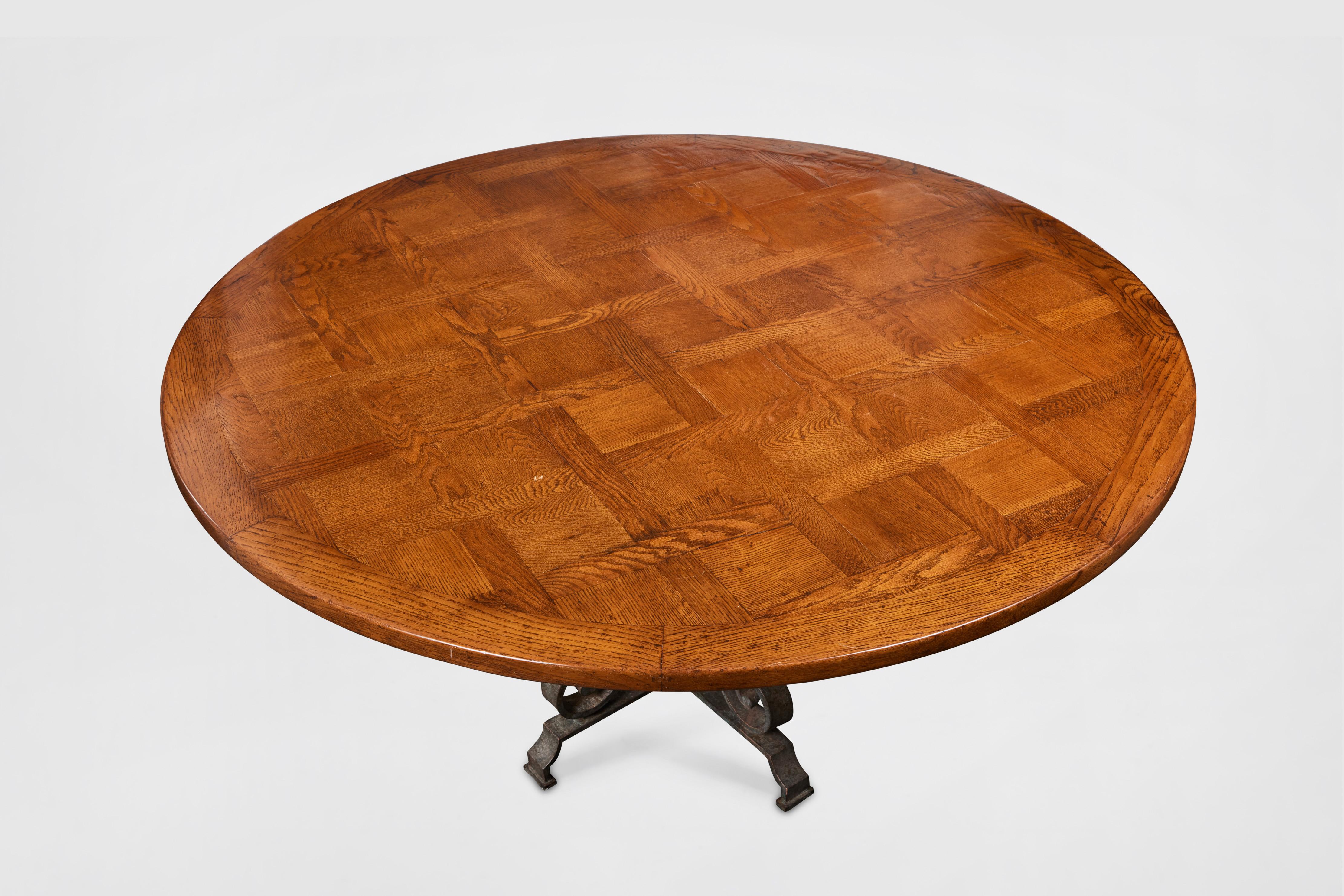 Dining Table with Round Mahogany Top and Wrought Iron Base In Good Condition For Sale In Chicago, IL