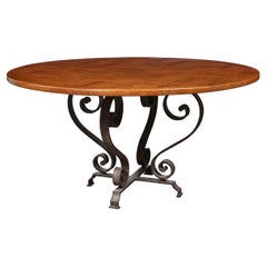 Vintage Dining Table with Round Mahogany Top and Wrought Iron Base