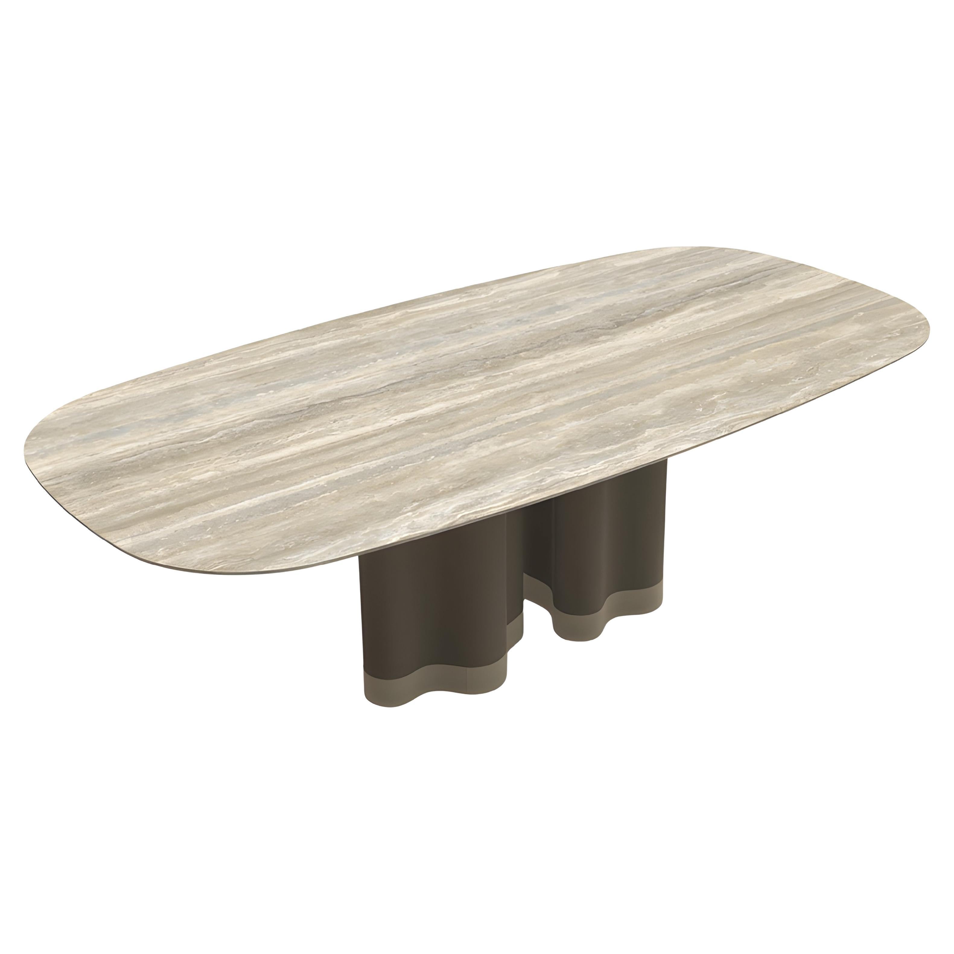 Table de salle à manger avec piédestaux laqués sculpturaux et ovales Top en travertin céramique