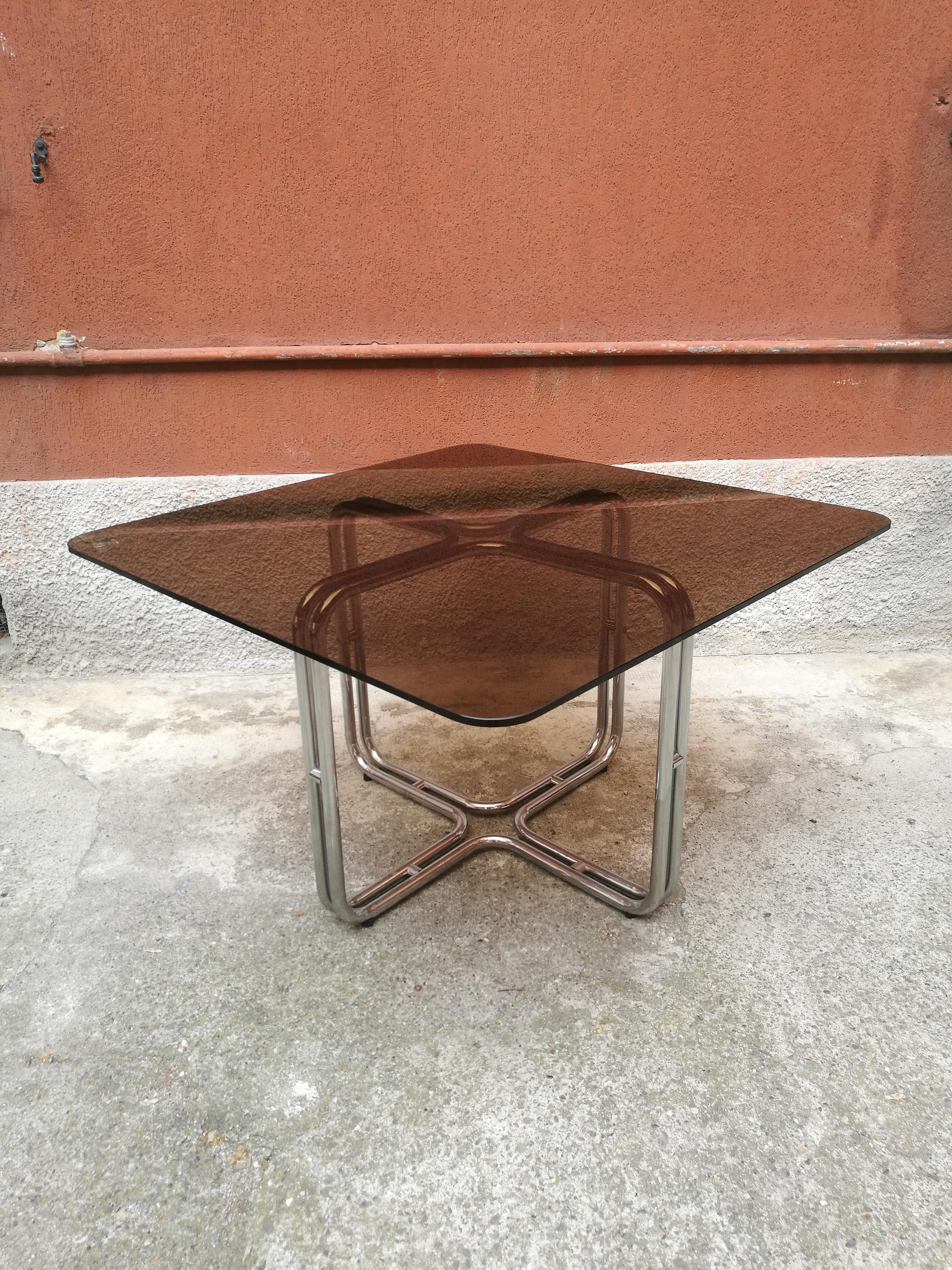 Mid-Century Modern Dining Table with Smoky Glass Top and Chromed Metal Structure from 1970s
