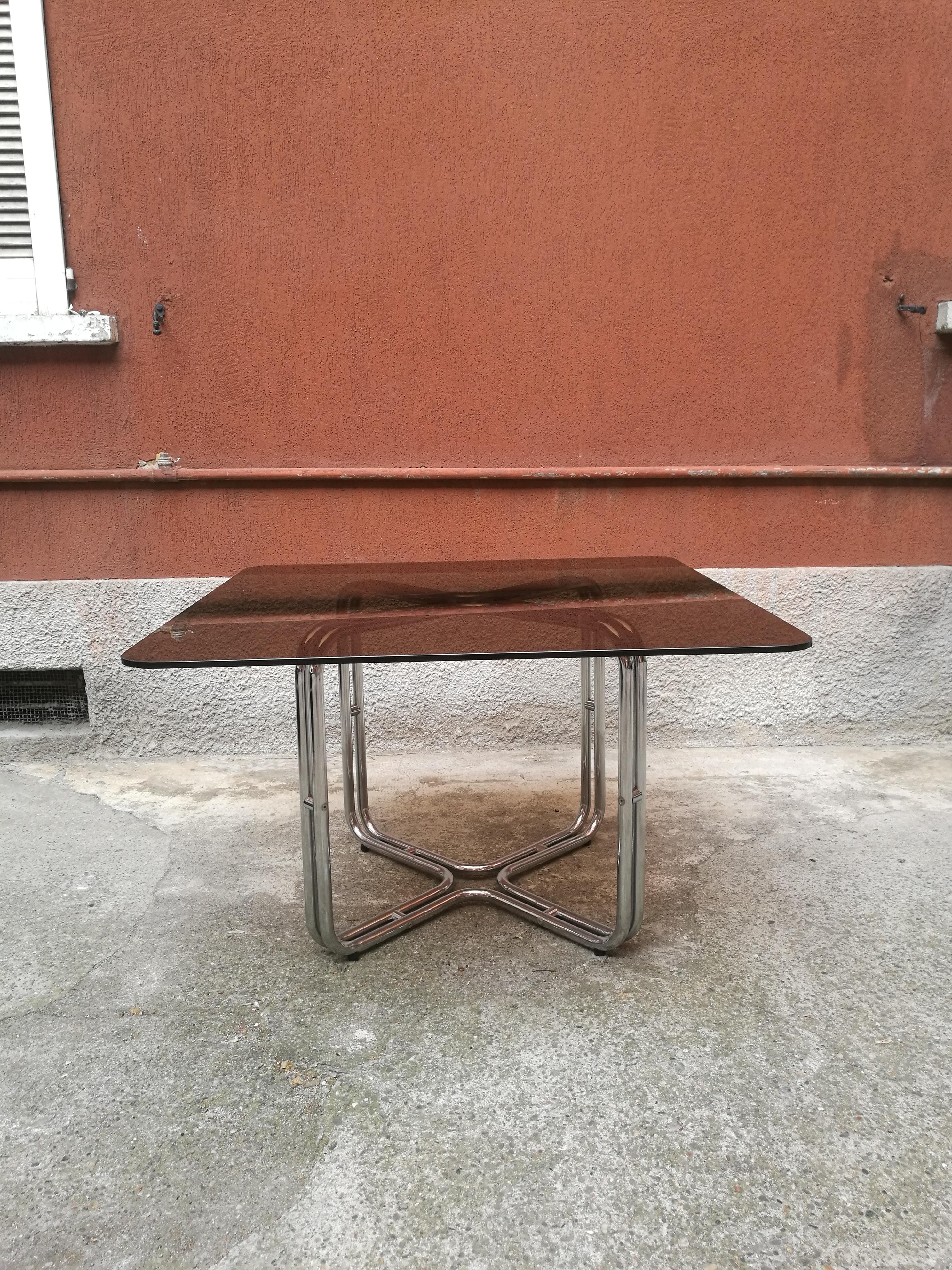 Late 20th Century Dining Table with Smoky Glass Top and Chromed Metal Structure from 1970s