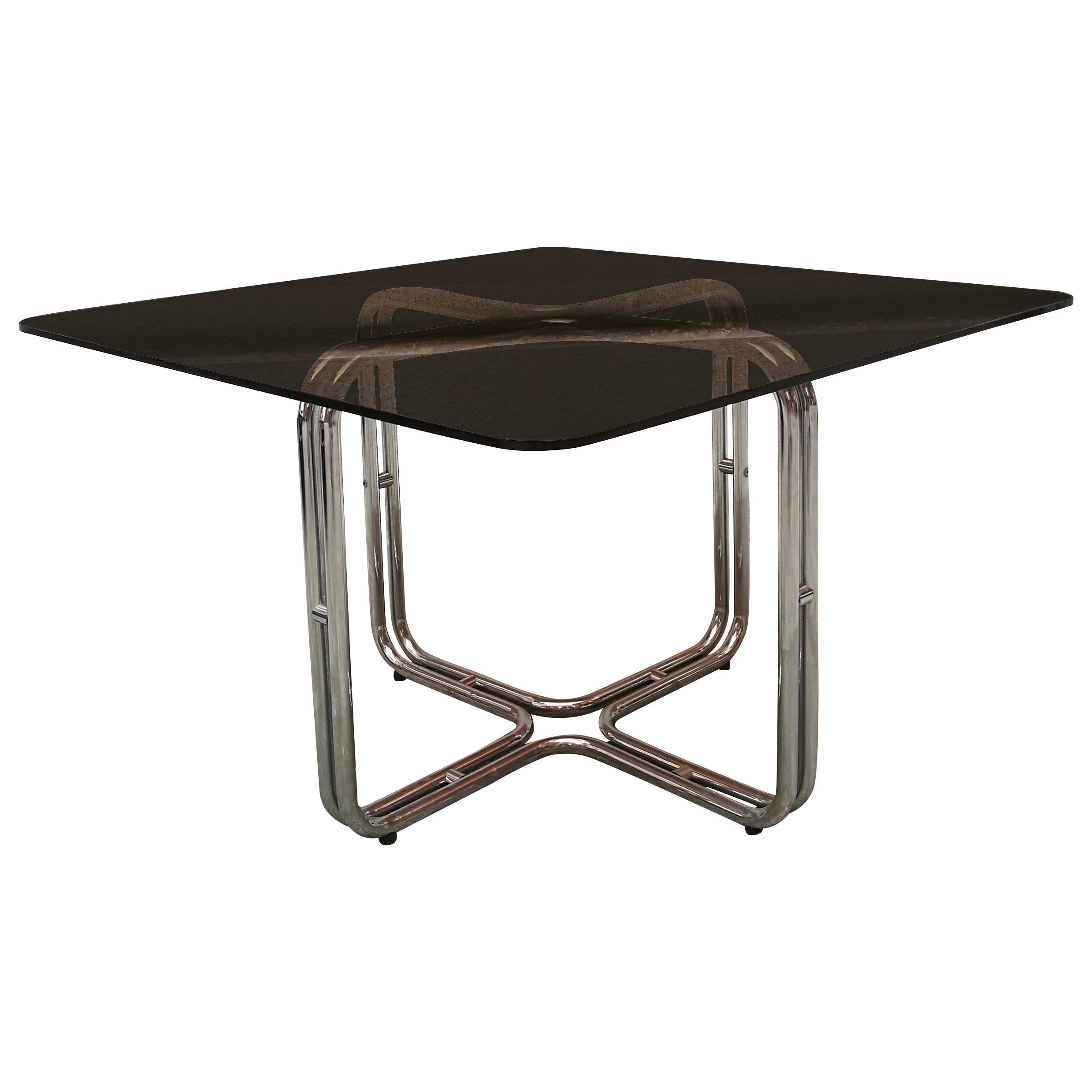 Dining Table with Smoky Glass Top and Chromed Metal Structure from 1970s
