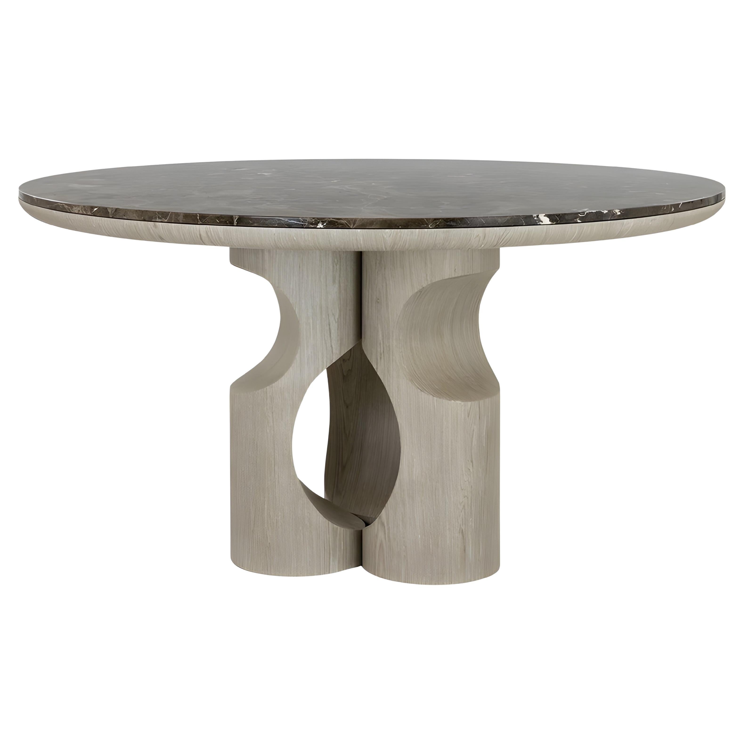 Table de salle à manger ronde avec trois piliers en chêne dentelés et marbre Vita Marron