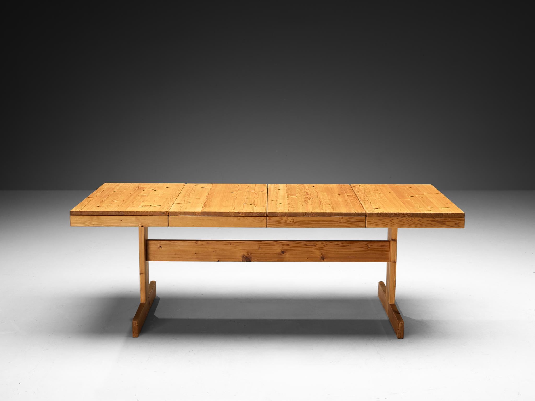 Post-Modern Dining Table with Trestle Base in Solid Pine Wood For Sale