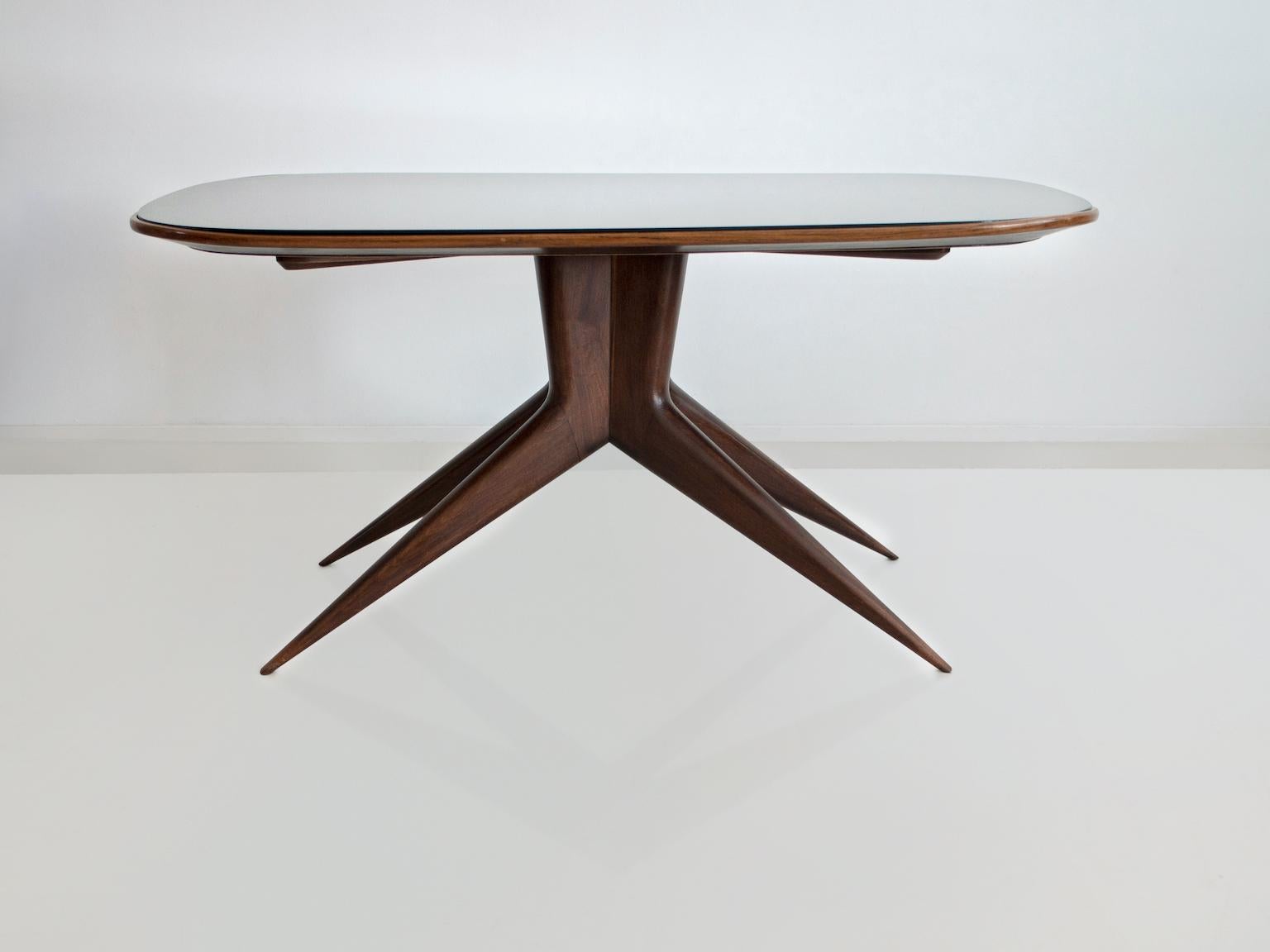 Mid-Century Modern Dining Table with Wooden Structure and Tinted Glass Top