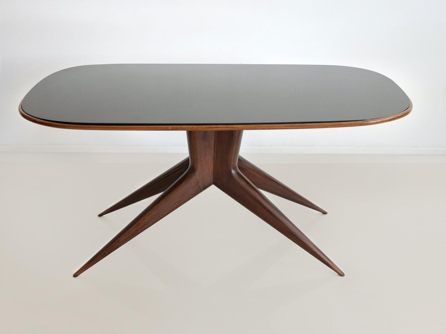 Italian Dining Table with Wooden Structure and Tinted Glass Top