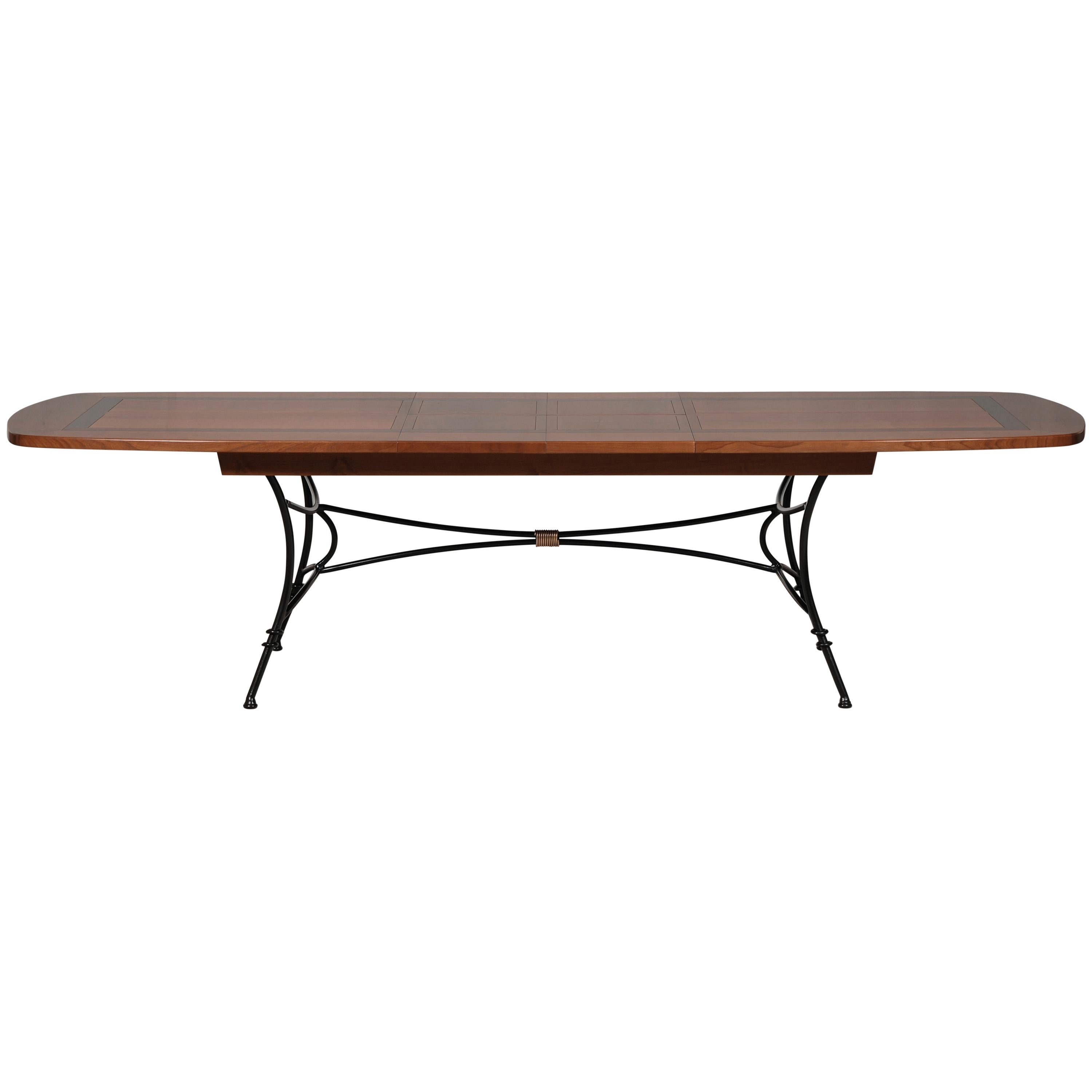 Neoclassical Dining Table with Wrought Iron Legs, Cherry Stained with Black Lacquered Pattern For Sale