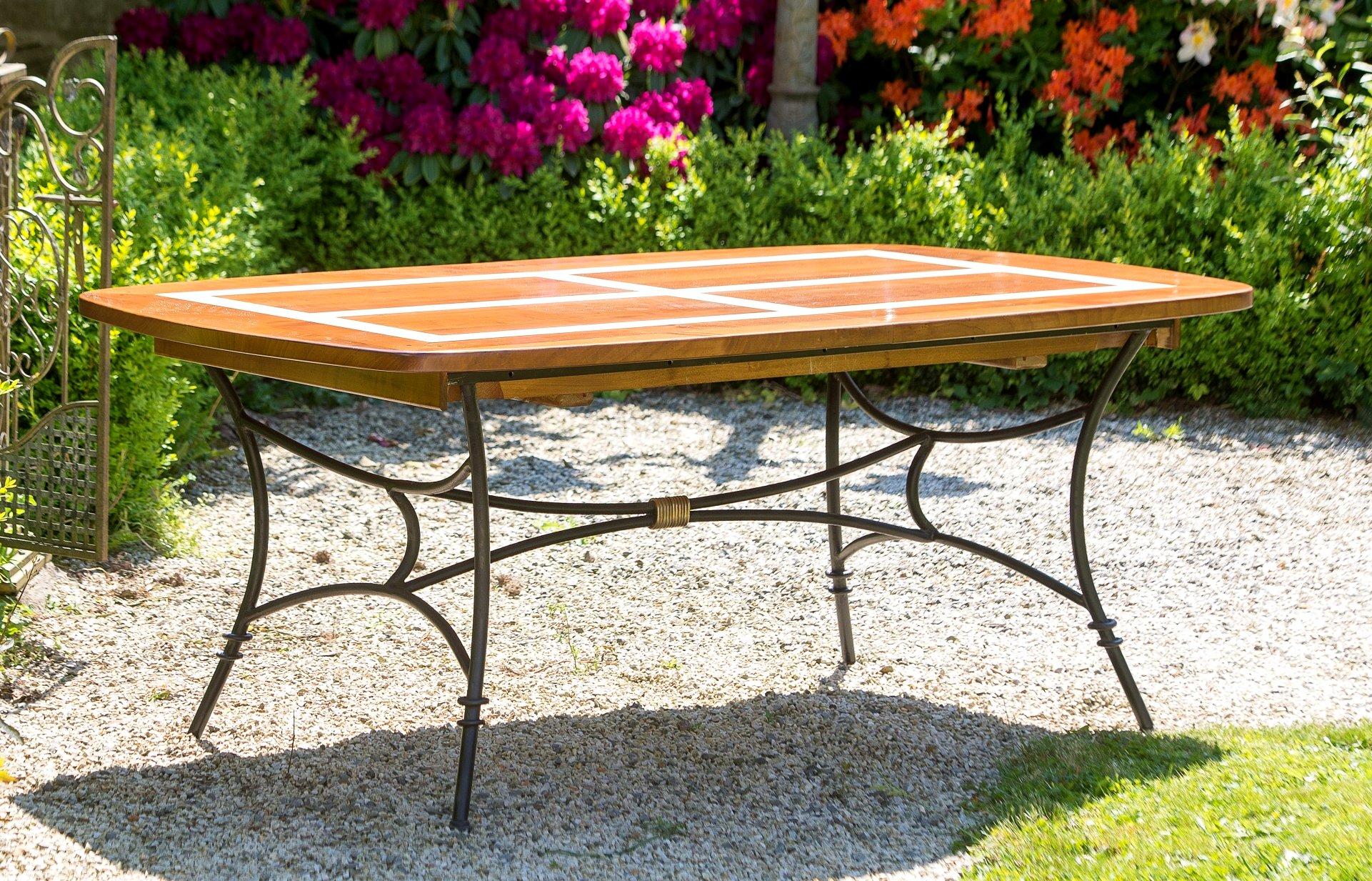 French Dining Table with Wrought Iron Legs, Cherry Stained with Black Lacquered Pattern For Sale