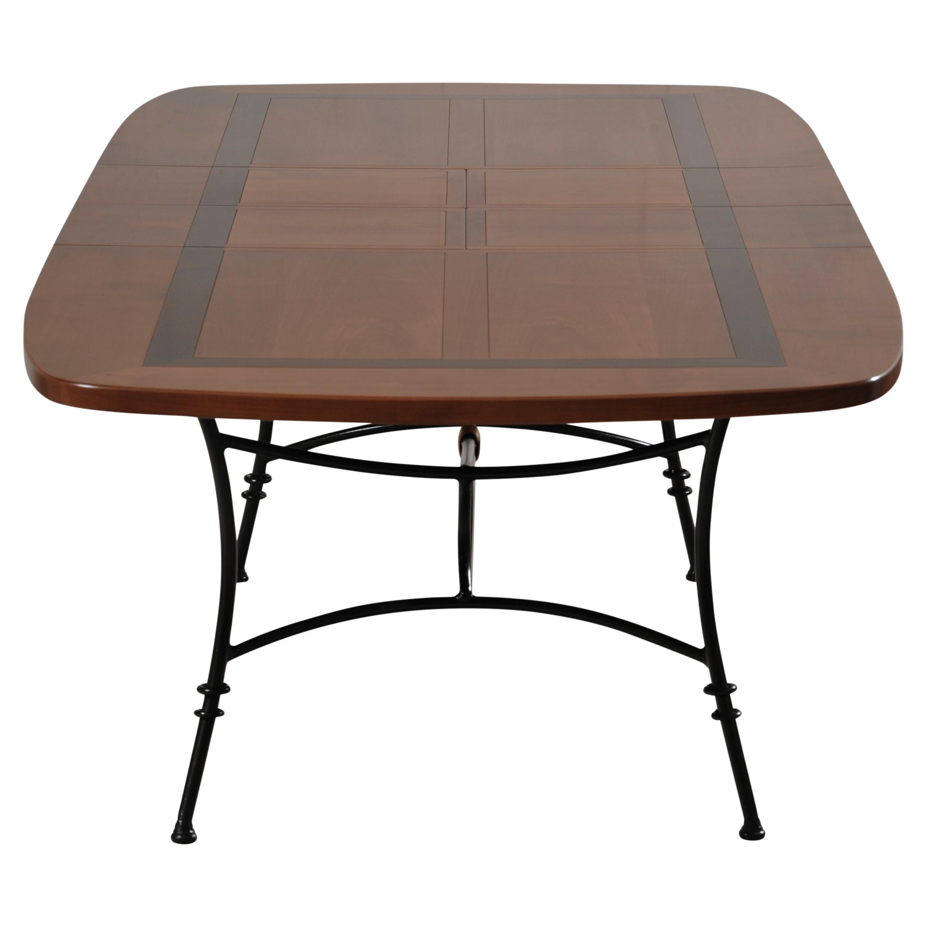 Dining Table with Wrought Iron Legs, Cherry Stained with Black Lacquered Pattern For Sale