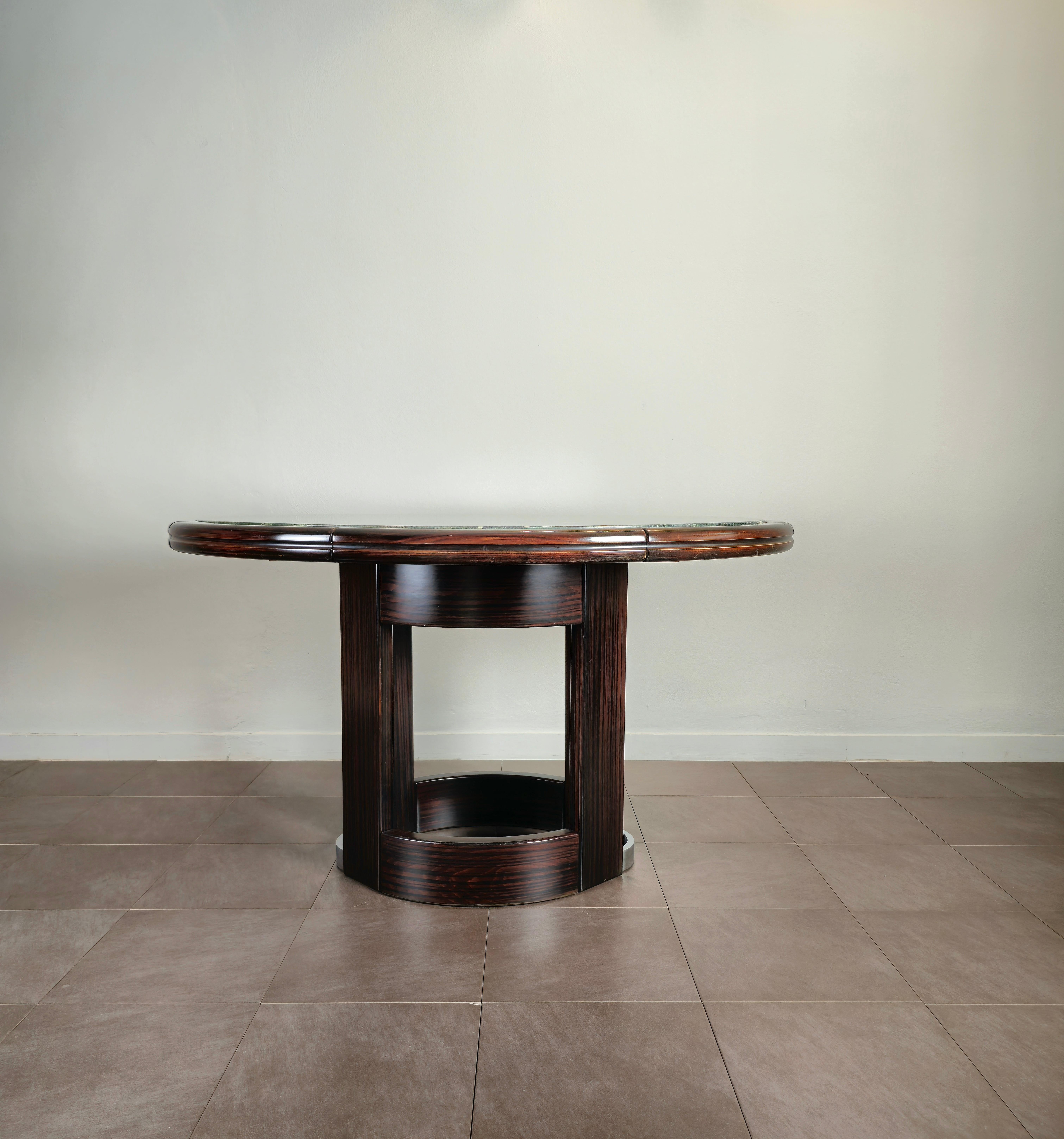 Dining Table Wood Marble Green Round Mid-century Italian Design 1970s In Good Condition For Sale In Palermo, IT