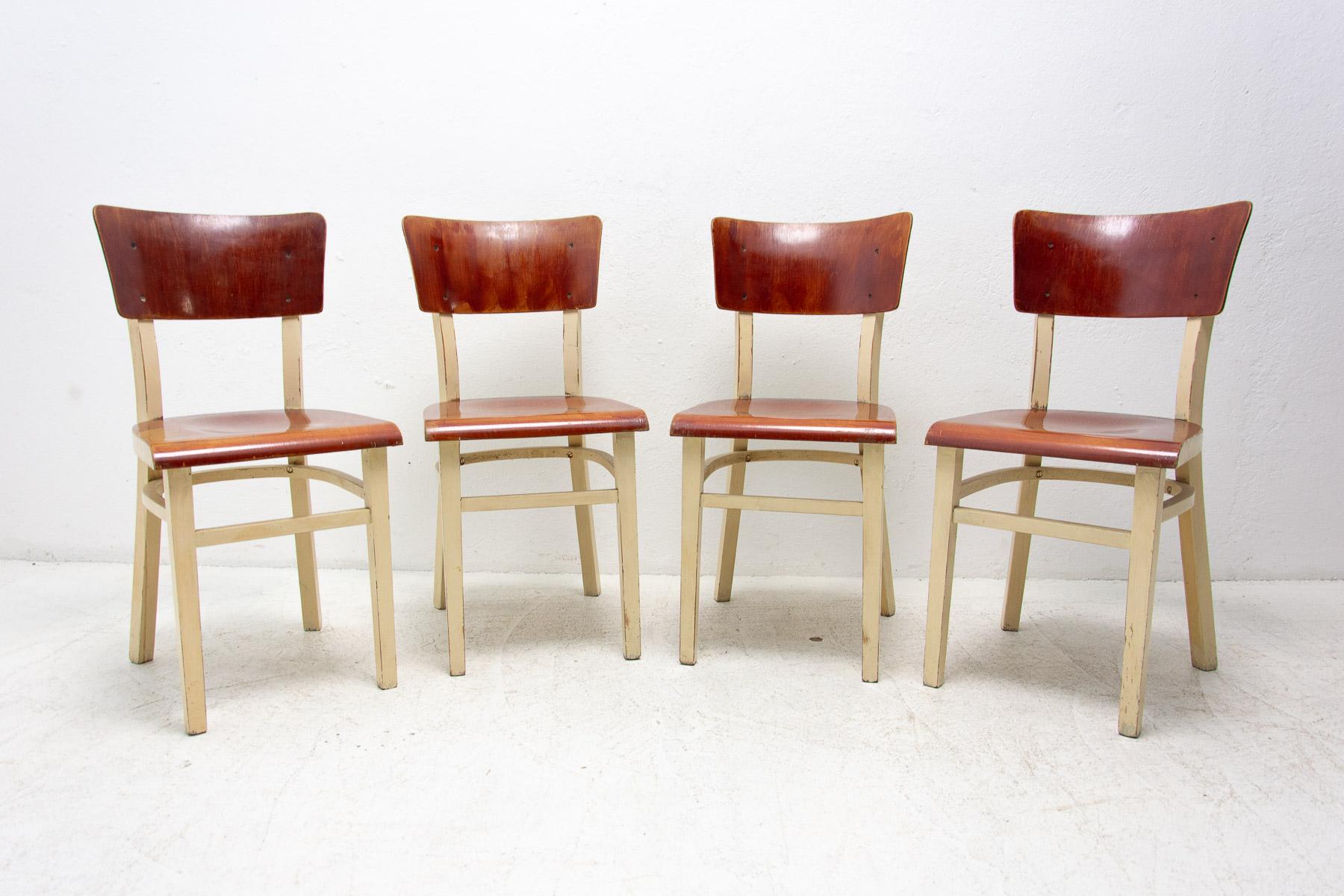 Set of four dining chairs, probably made by TON, made in the the former Czechoslovakia in the 1950´s. It´s made of wood and plywood. In good Vintage condition. Price is for the set of four.

Measures: Height: 81 cm

Seat: 39×40 cm

Seat