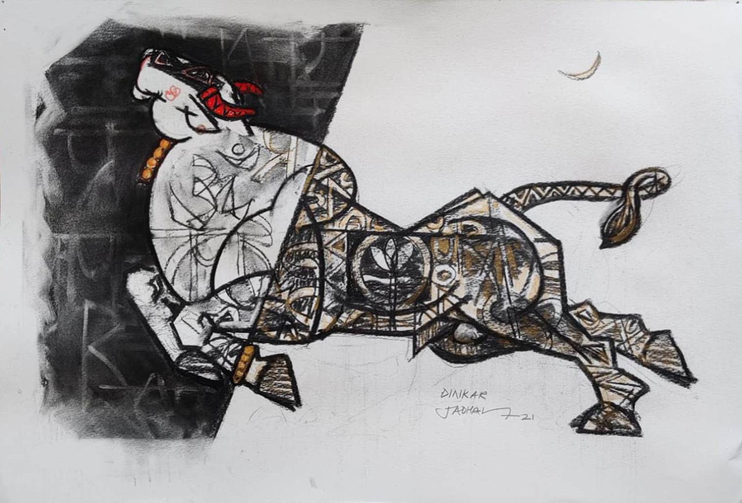 Dinkar Jadhav Abstract Painting - Bull, Charcoal on Canson Paper, Black, Grey Colors Indian Art "In Stock"
