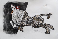Bull, Holzkohle auf Canson-Papier, Schwarz, Graue, Farben, indische Kunst, „Auf Lager“