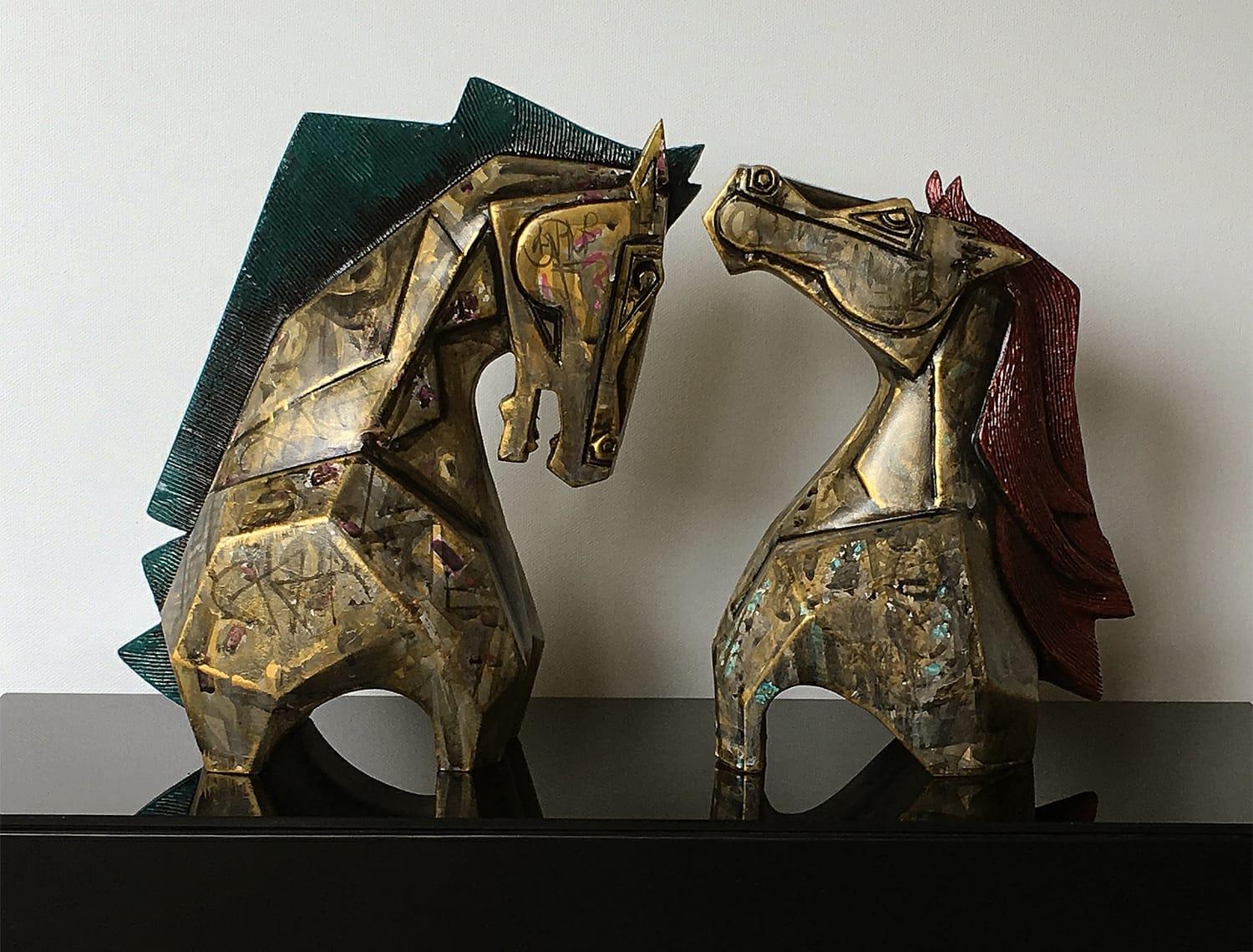 Horse Pair, Fiber Glass, Color Blue, Gold, Red Indian Art "In Stock"