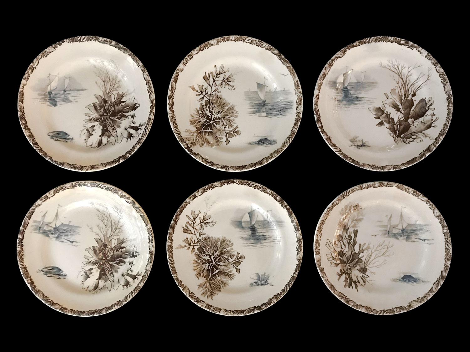 Dinner Plates, French Faience Choisy-le-Roi with Rare Marine Decor, 19th Century 4