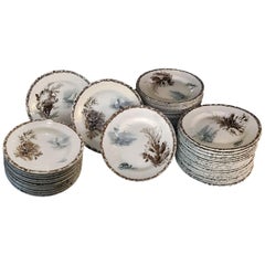 Dinner Plates, French Faience Choisy-le-Roi with Rare Marine Decor, 19th Century