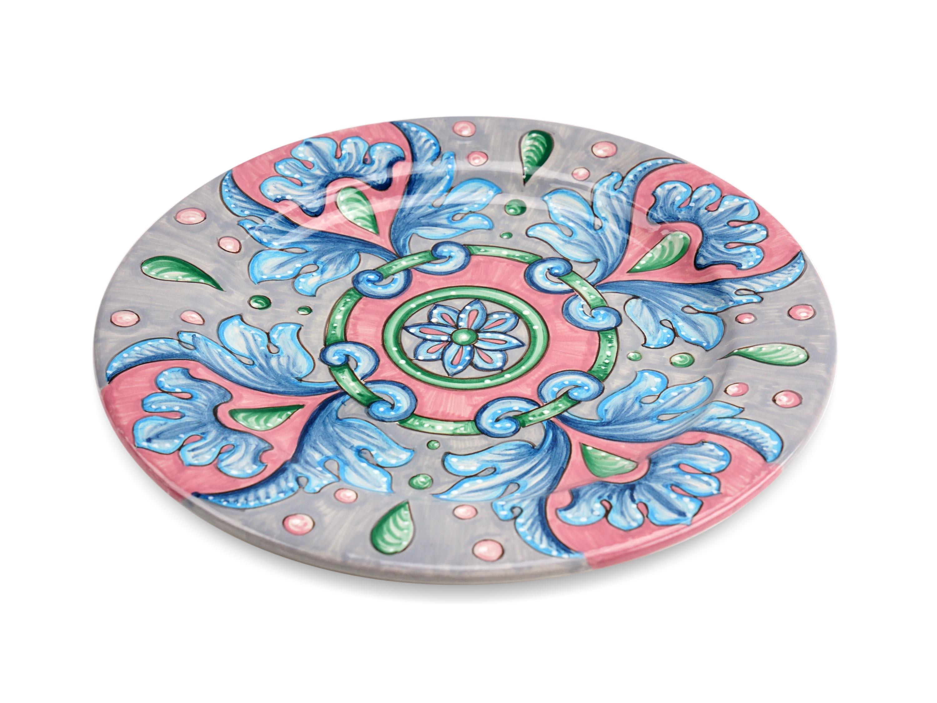 Modern Dinner Plates Set Four Charger Plate Table Serving Majolica Ceramic Blue Pink For Sale