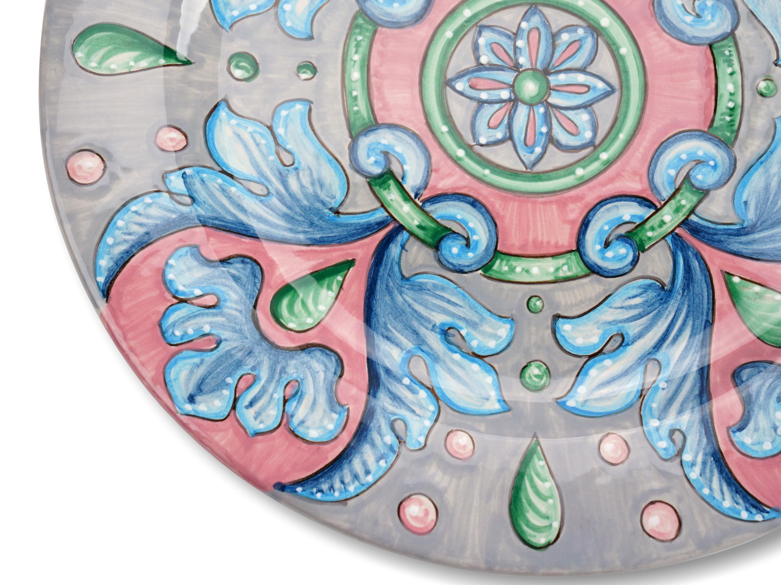 Italian Dinner Plates Set Four Charger Plate Table Serving Majolica Ceramic Blue Pink For Sale