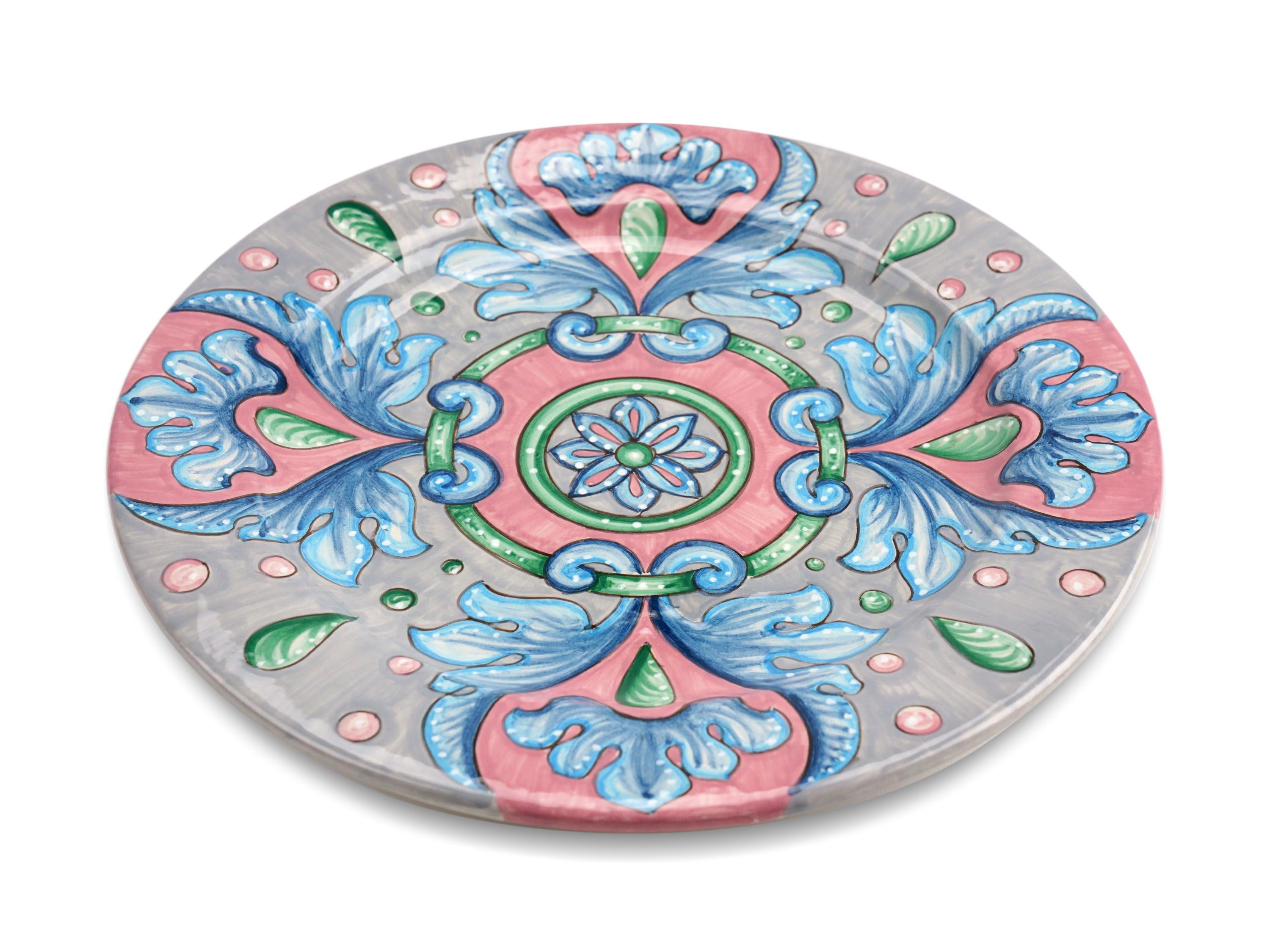 Contemporary Dinner Plates Set Four Charger Plate Table Serving Majolica Ceramic Blue Pink For Sale