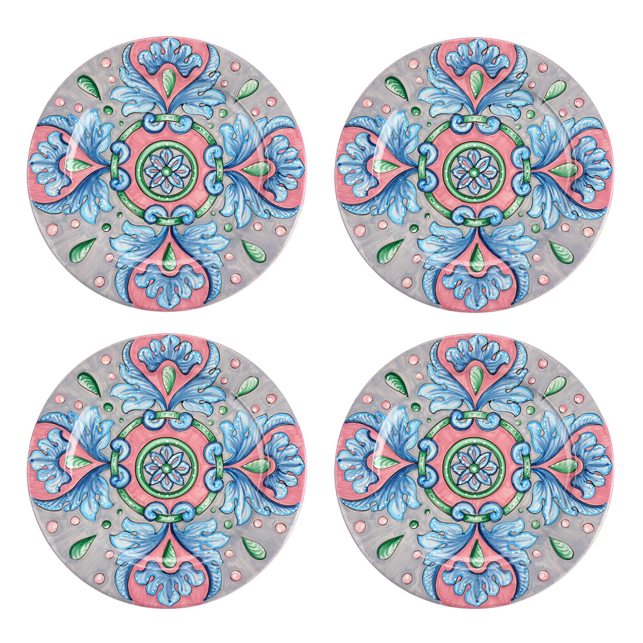 Ensemble d'assiettes de service à quatre assiettes de présentation en céramique bleue, rose et majolique
