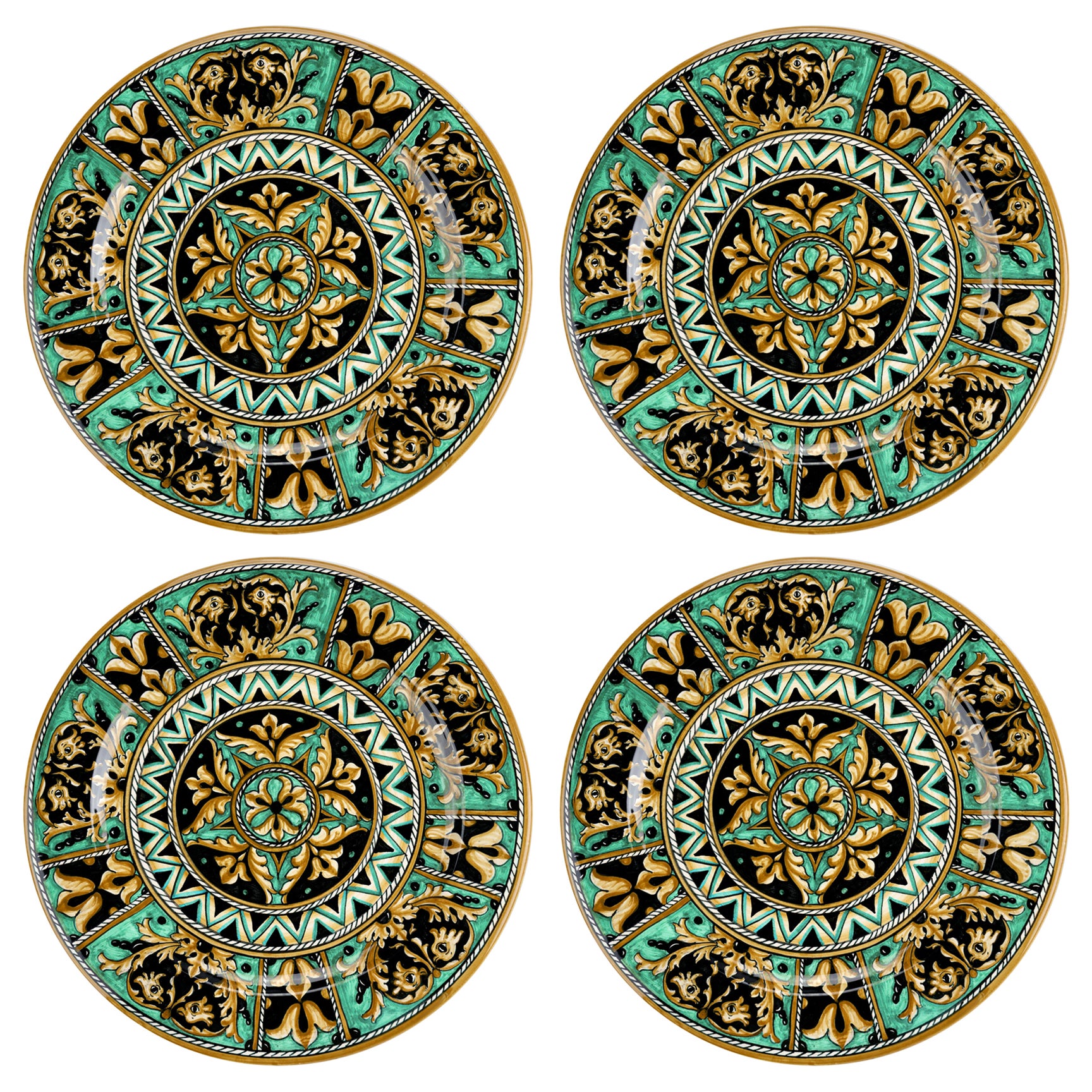 Dinner Plates Set Four Charger Platters Serveware Majolica Ceramic Aquamarine