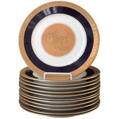 Retro Dinner Plates with Gold and Cobalt Rim